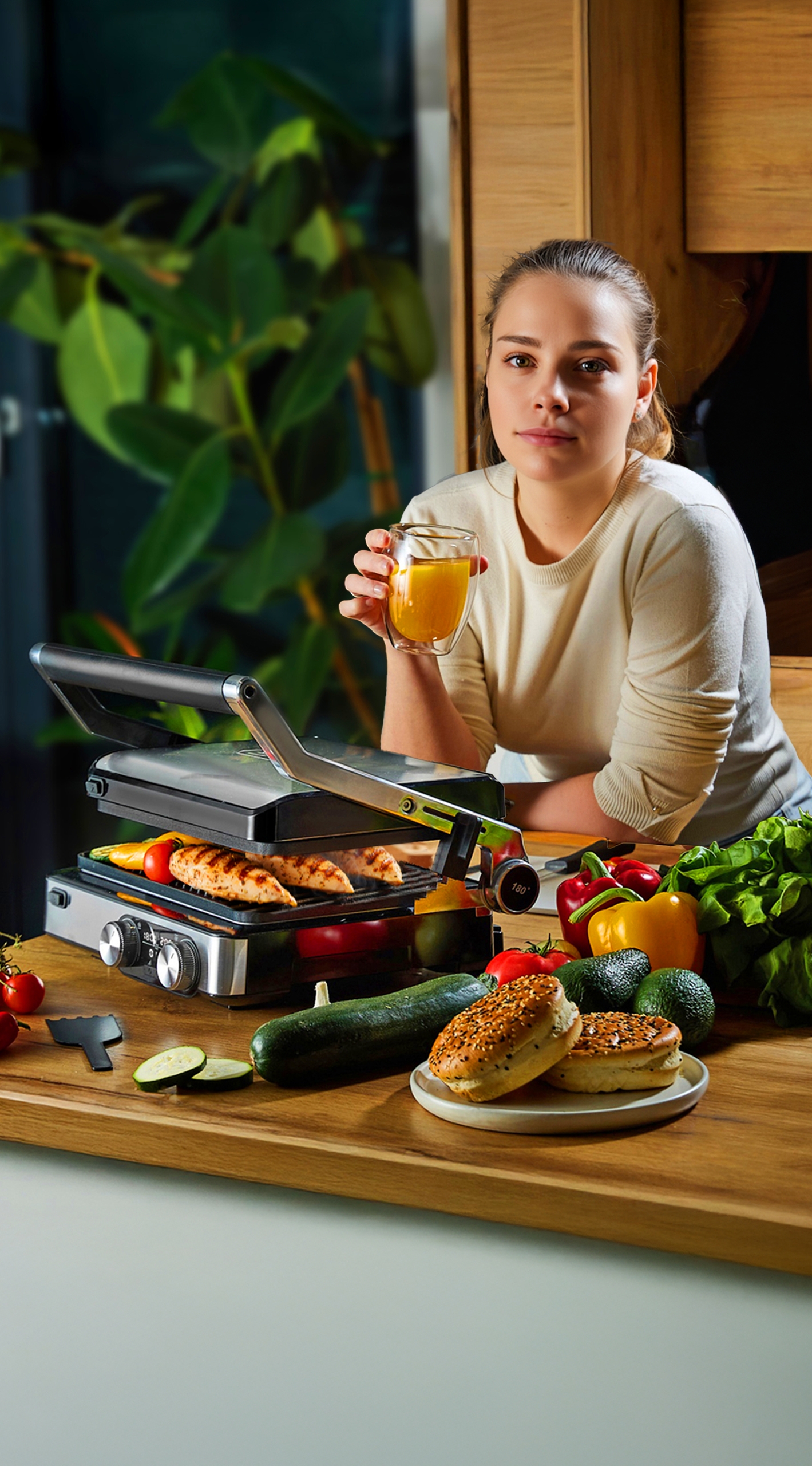 Kobieta trzyma napój, patrząc w kamerę. Grillowany kurczak i warzywa na grillu. Różne składniki na stole.