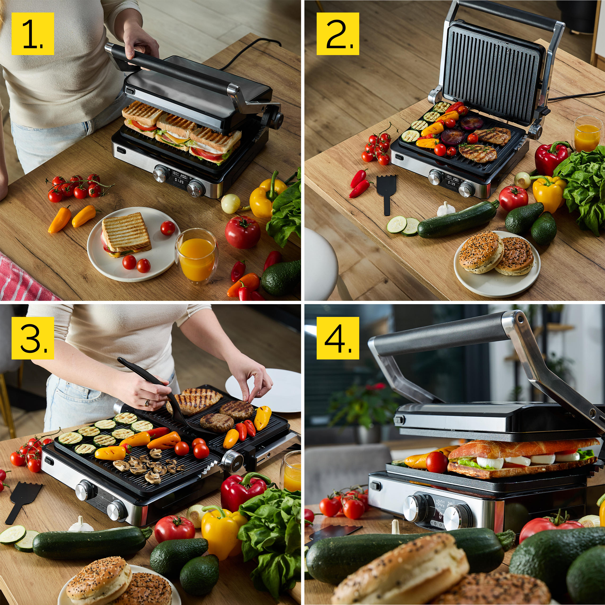 Osoba grilluje jedzenie na prasie panini. Warzywa i kanapki na drewnianym stole.