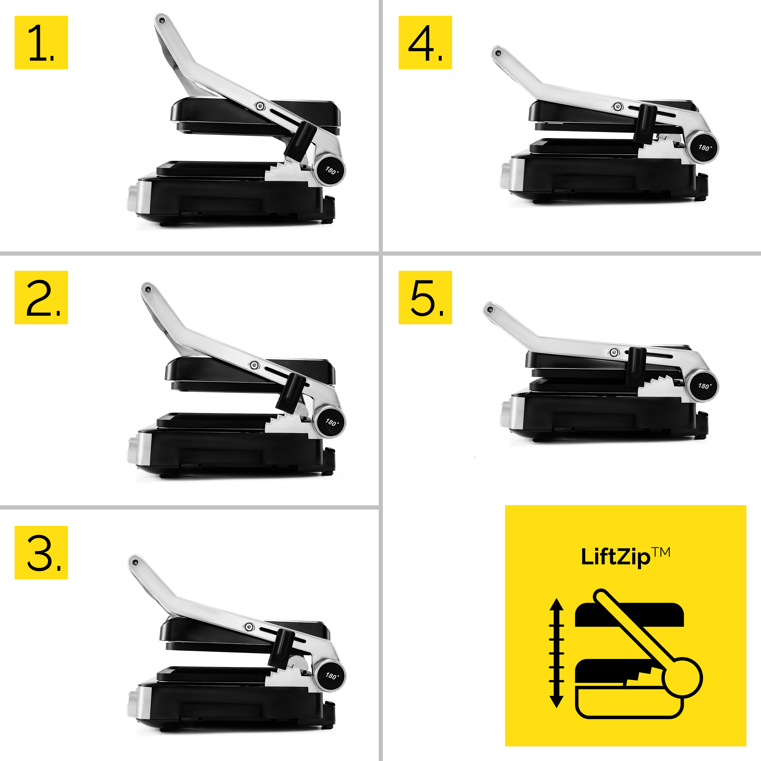 Zbliżenie czarno-srebrnej prasy do panini, z uchwytem podnoszącym i wskaźnikiem obrotu o 180°.