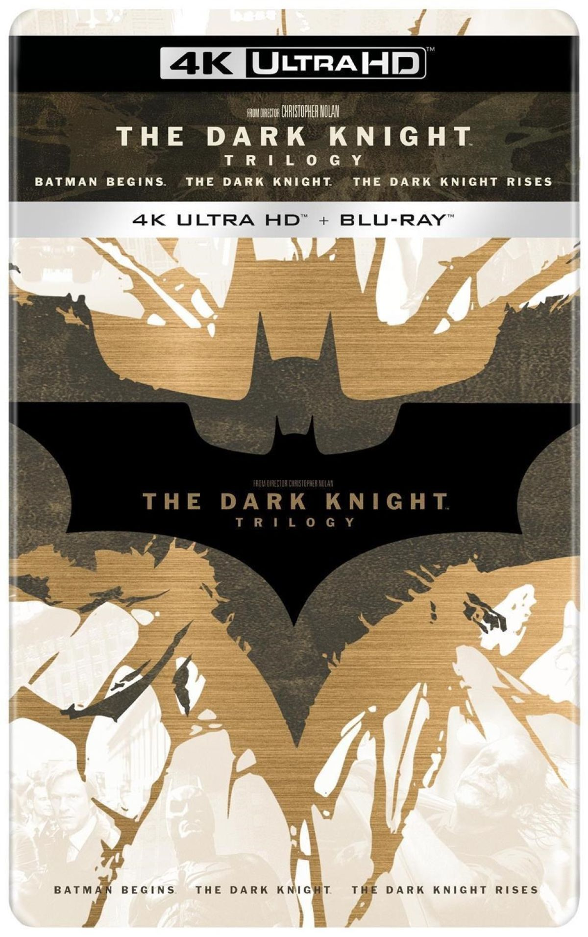 The Dark Knight trilogie Blu-ray cover. Batman logo, tekst en afbeeldingen. Goud en zwart kleurenschema.