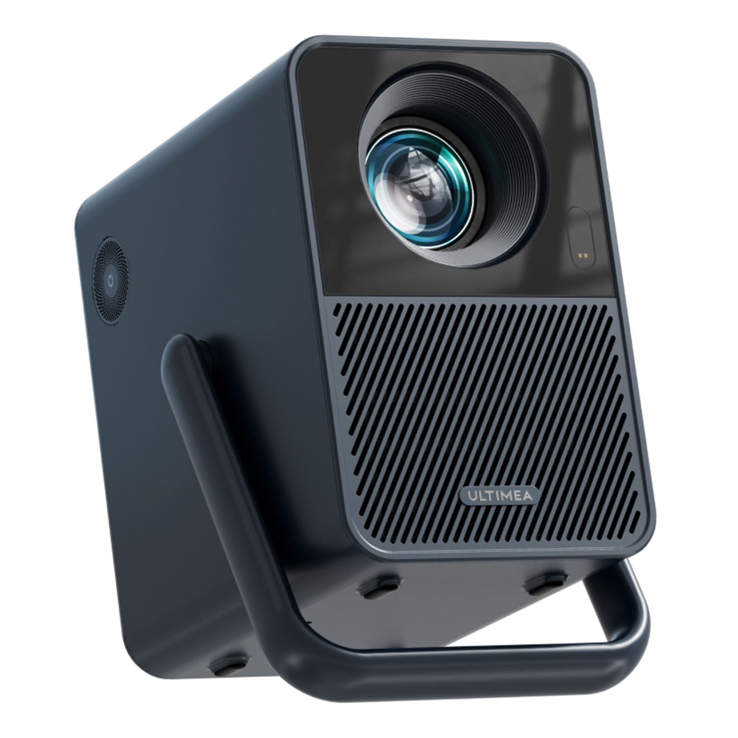 Ciemnoszary projektor z obiektywem i kratką jest ustawiony pod kątem. Ma uchwyt. Widoczna jest nazwa marki ULTIMEA.