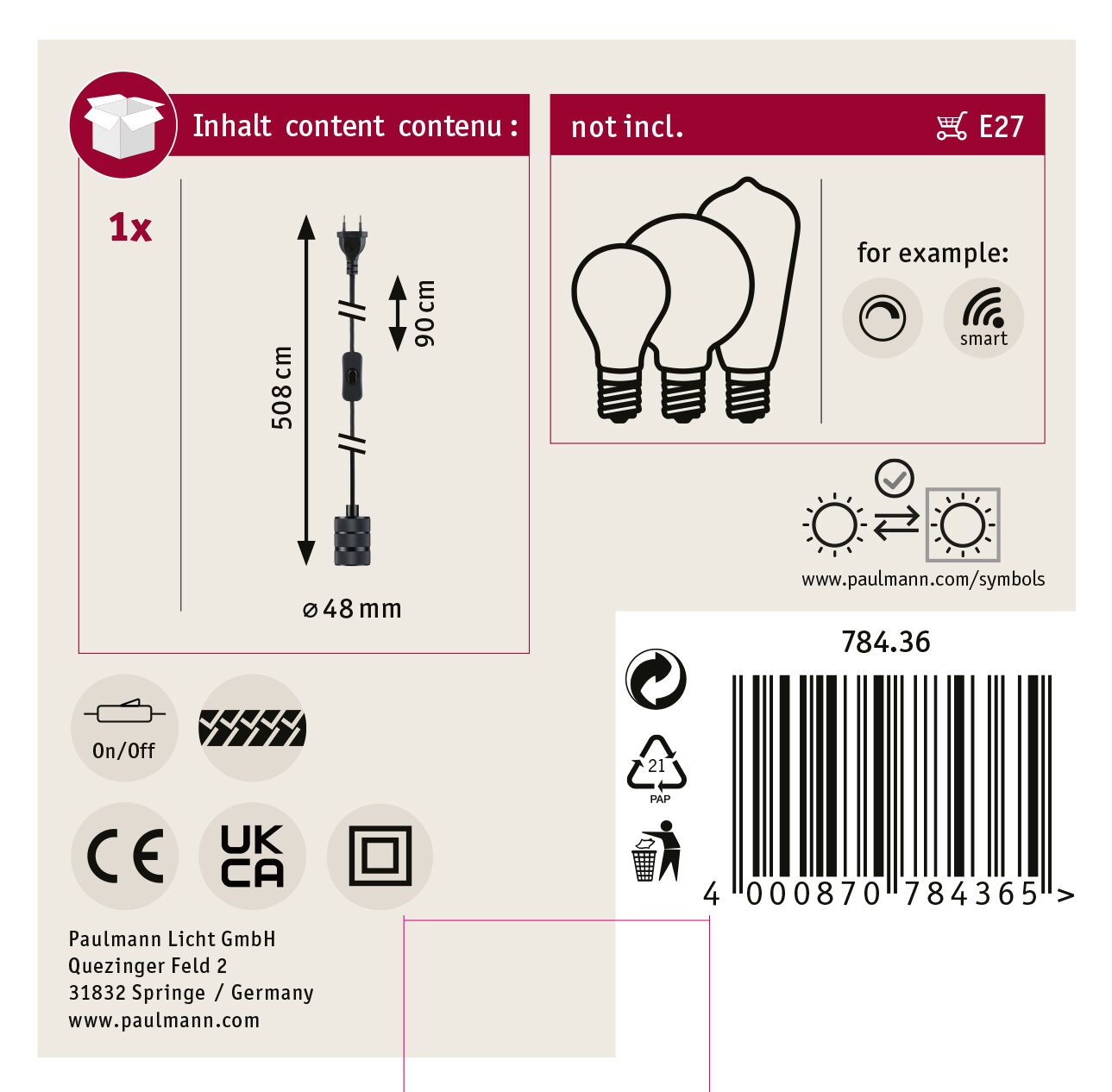 Produktinfografik mit Stecker, Schalter und Glühbirnen-Symbolen. Enthält Maße und E27-Symbol.