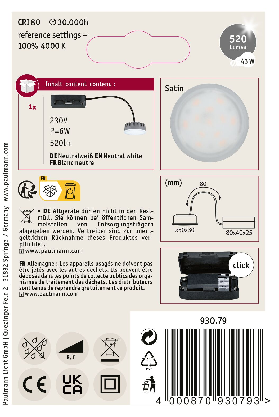 Un'etichetta del prodotto con una luce, specifiche e simboli di riciclaggio. Include testo in tedesco e francese.