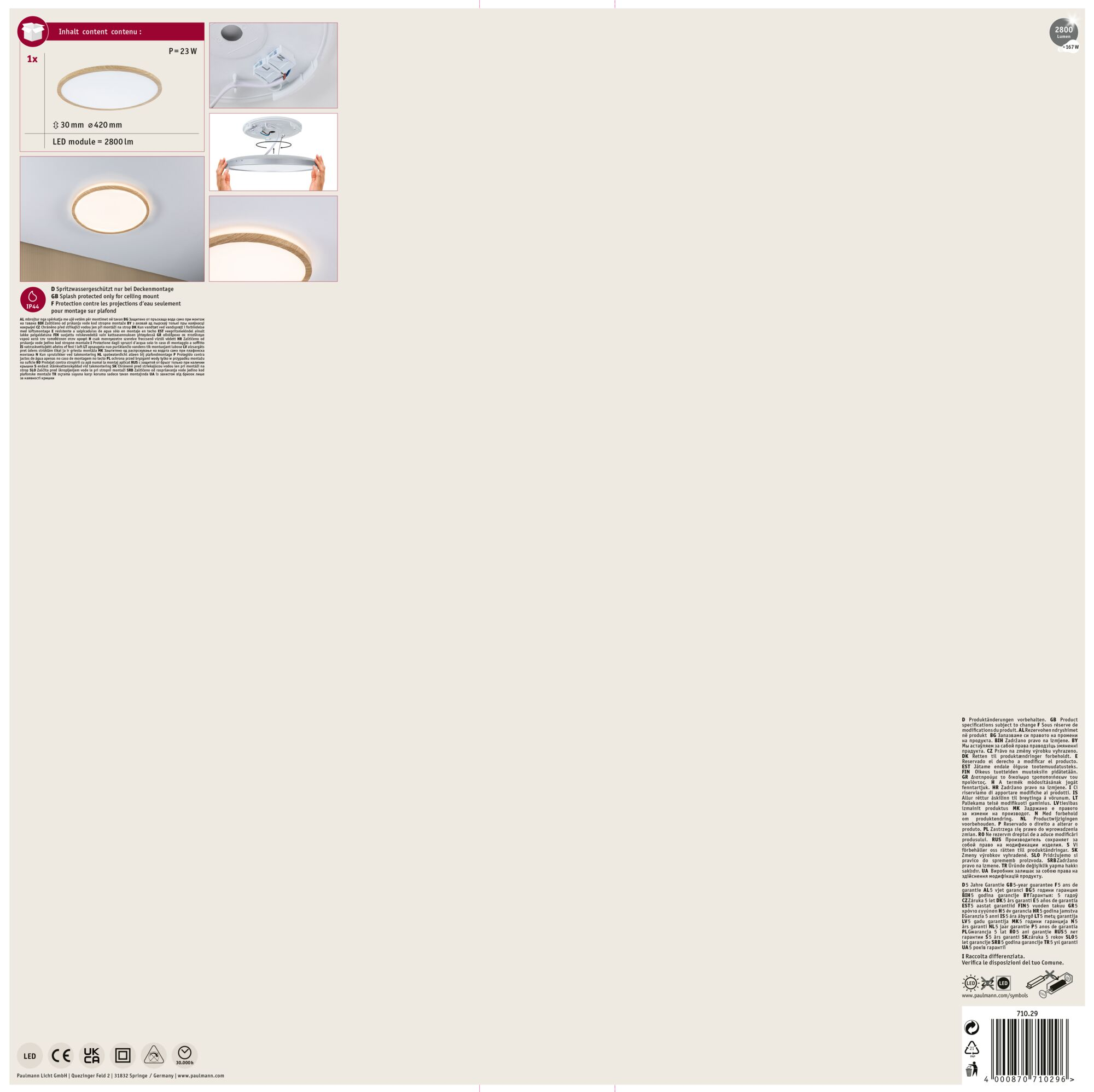 Biała lampa sufitowa LED z drewnianym pierścieniem, obok karta informacyjna produktu.