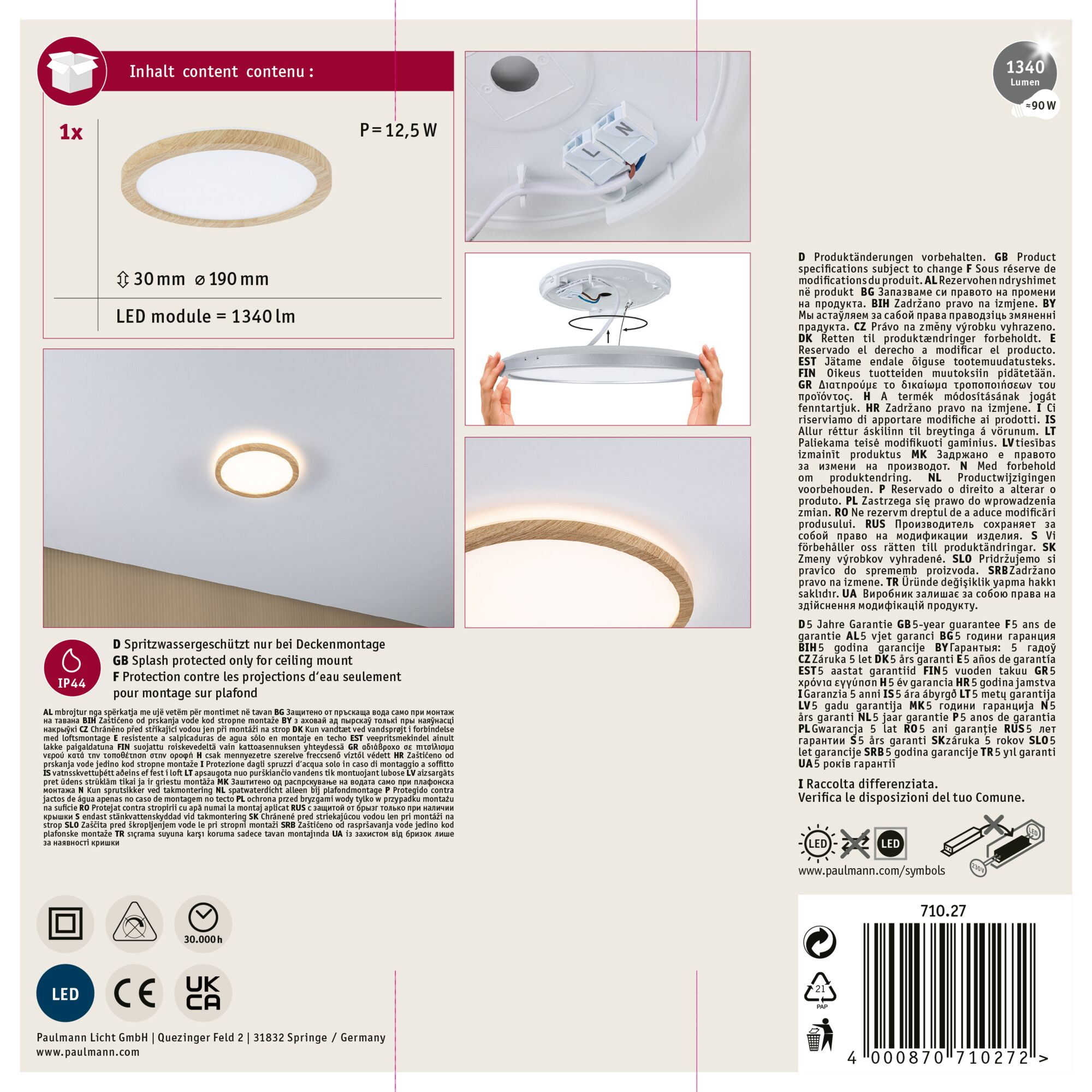 Okrągła lampa sufitowa LED. Światło ma drewnianą ramę. Widoczny jest tekst i symbole.