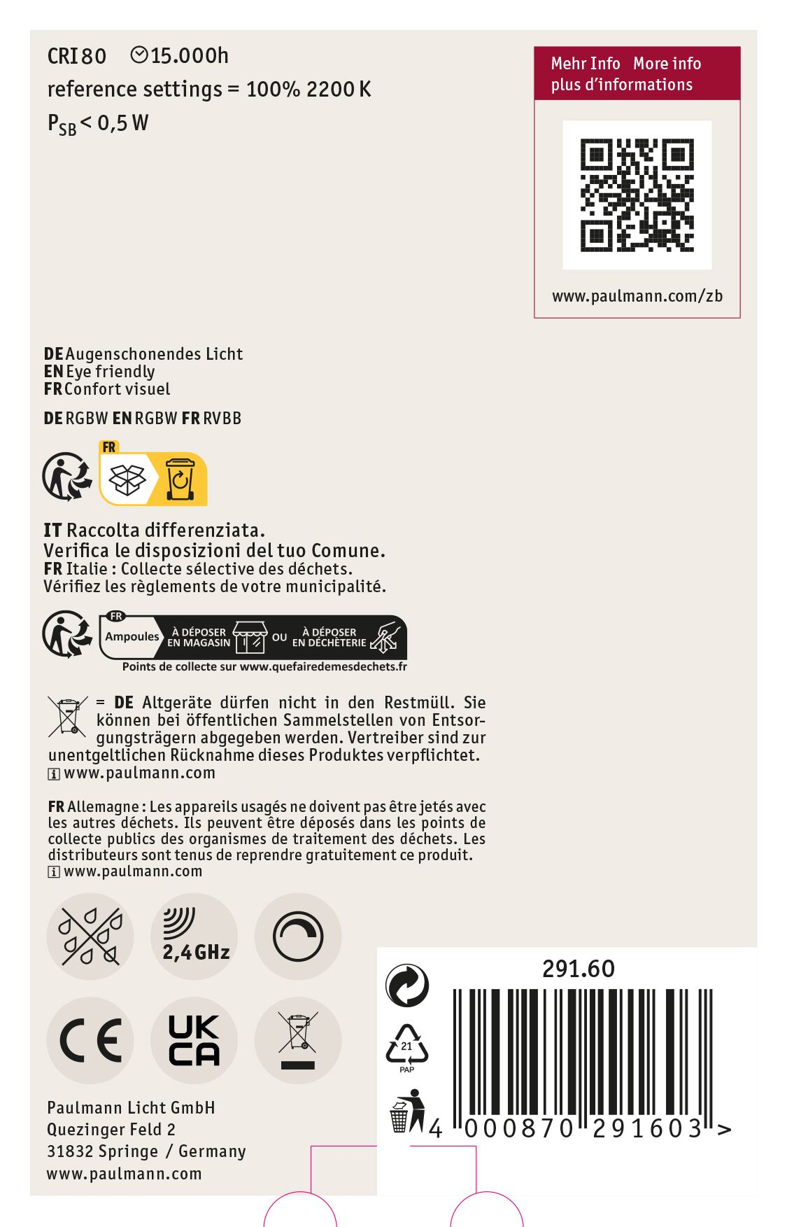 Ein Produktetikett mit Text, Symbolen und einem Barcode. Enthält Recyclinganweisungen und technische Daten.