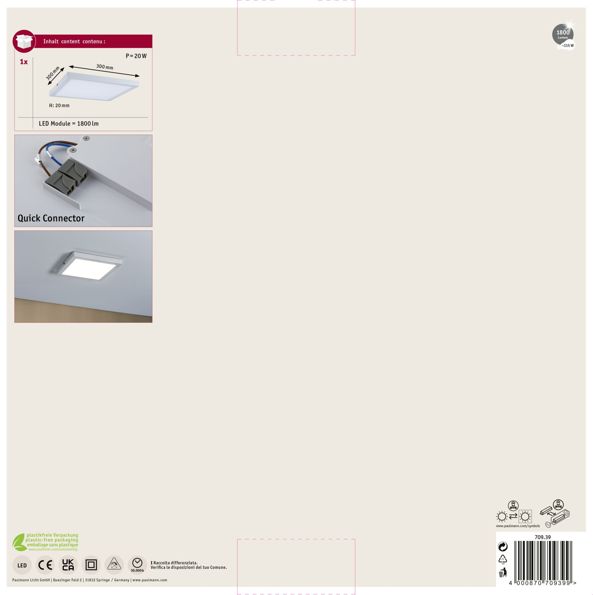 Das Bild zeigt eine weiße LED-Platte mit Abmessungen und einem Schnellanschluss. Informationen zu Verpackung und Recycling sind ebenfalls vorhanden.