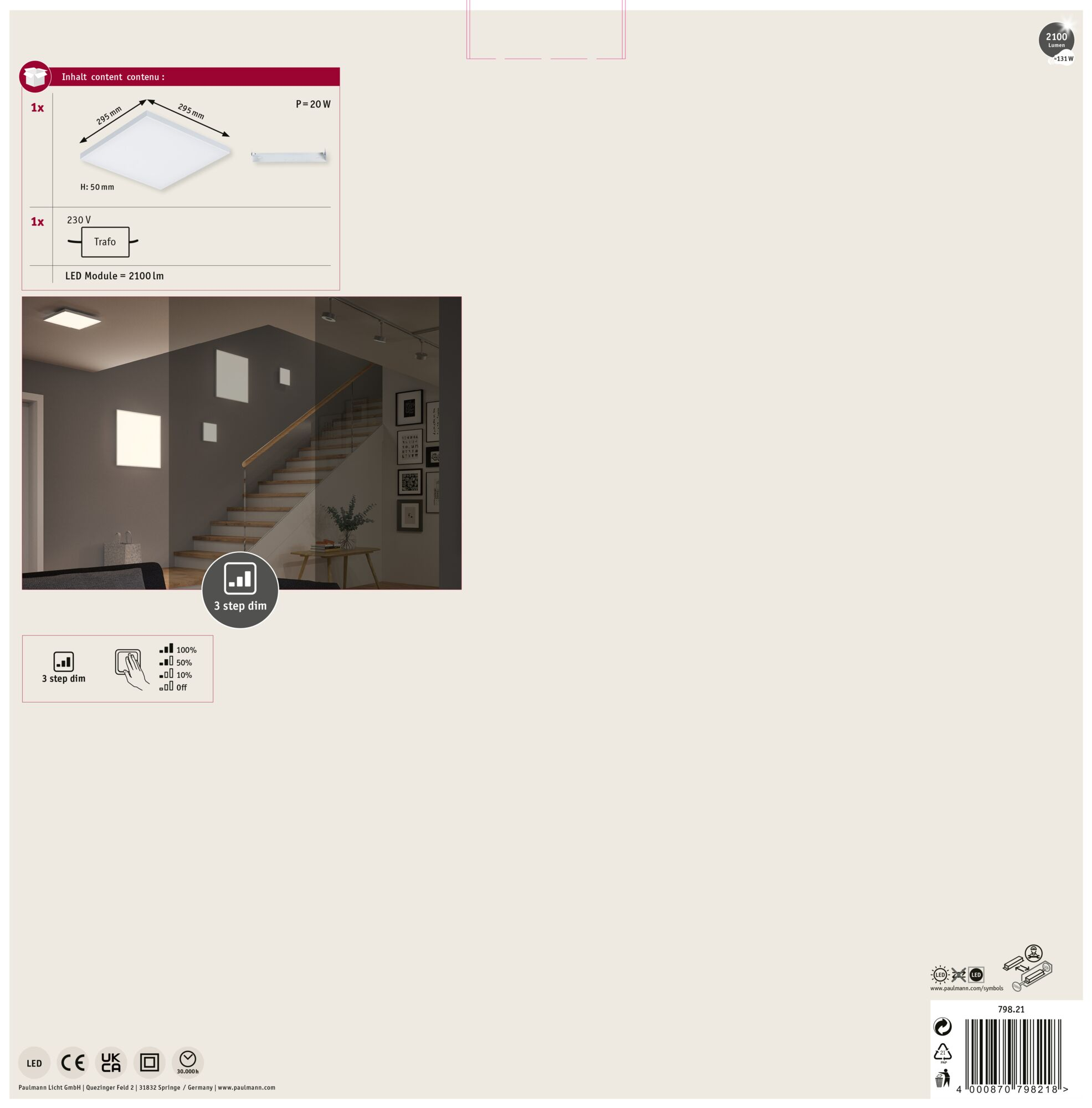 Obrazek przedstawia opis produktu, w tym kwadratową lampę LED, pokój ze schodami i ikony.