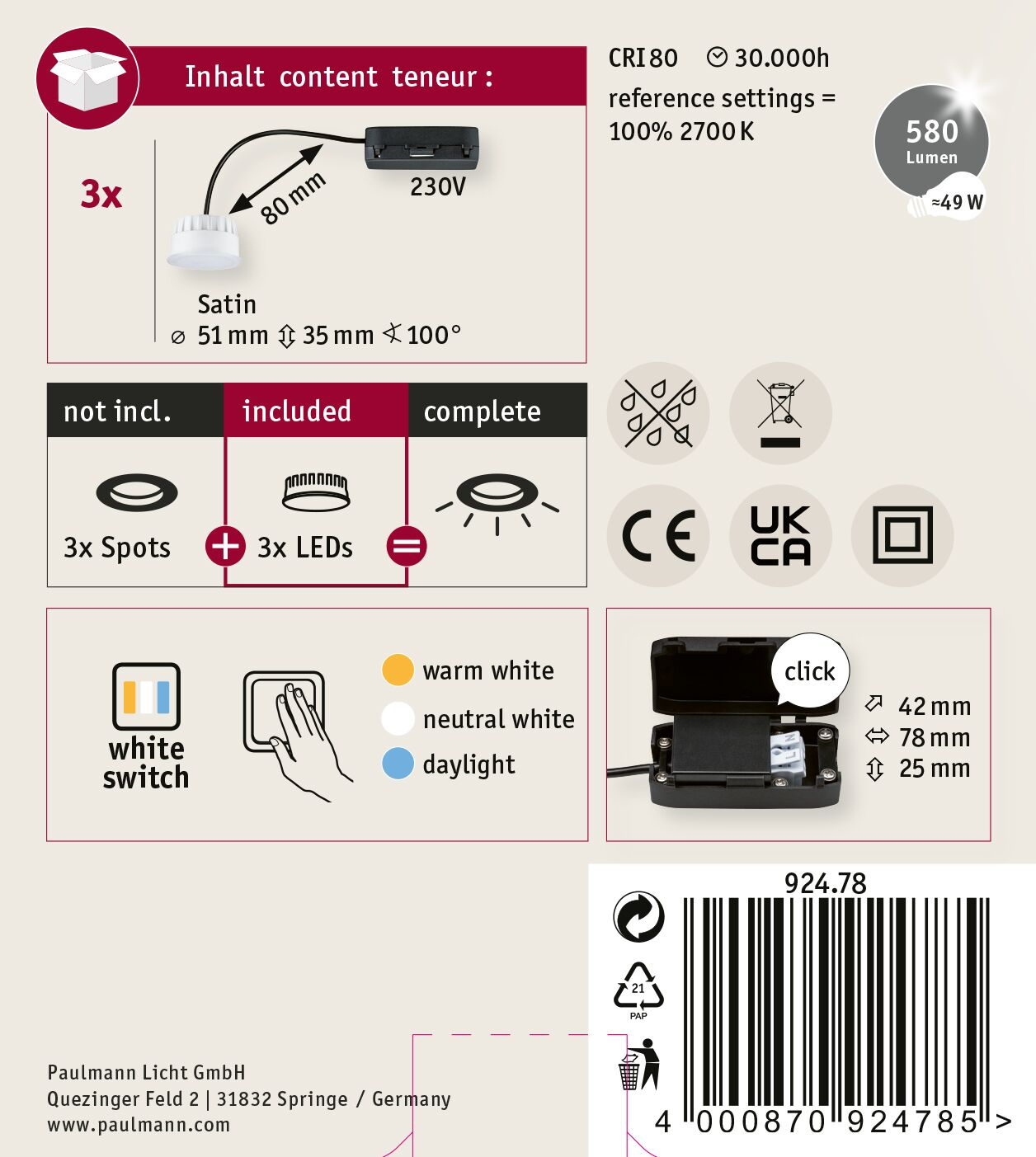 Eine Produktinformationskarte. Sie enthält Details zu einer Leuchte, einschließlich Spezifikationen, Diagrammen und einem Barcode.