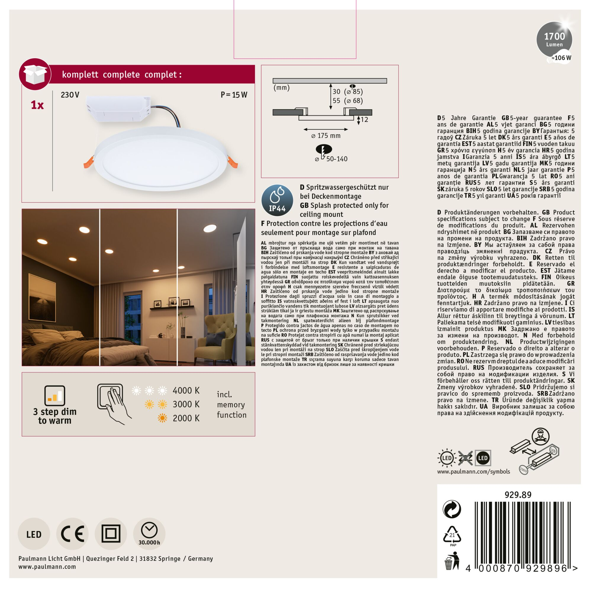 Biała lampa sufitowa LED z wymiarami, specyfikacjami i diagramem.