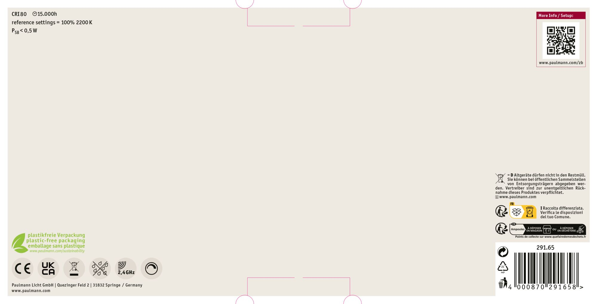 Verpackung mit Text. Enthält Logos für Recycling, CE, UKCA und andere Symbole. Textdetails Produktspezifikationen und Firmeninfo.