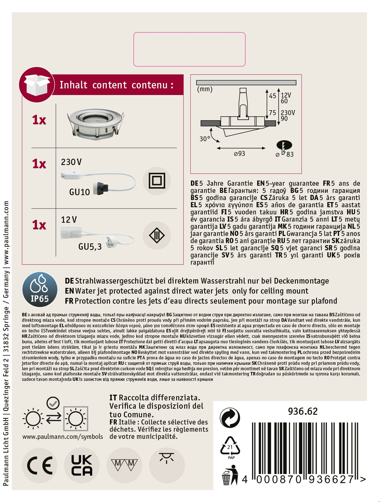 Diagramm mit Produktdetails, einschließlich Deckenleuchte, Spannungsinformationen und Recycling-Symbol.