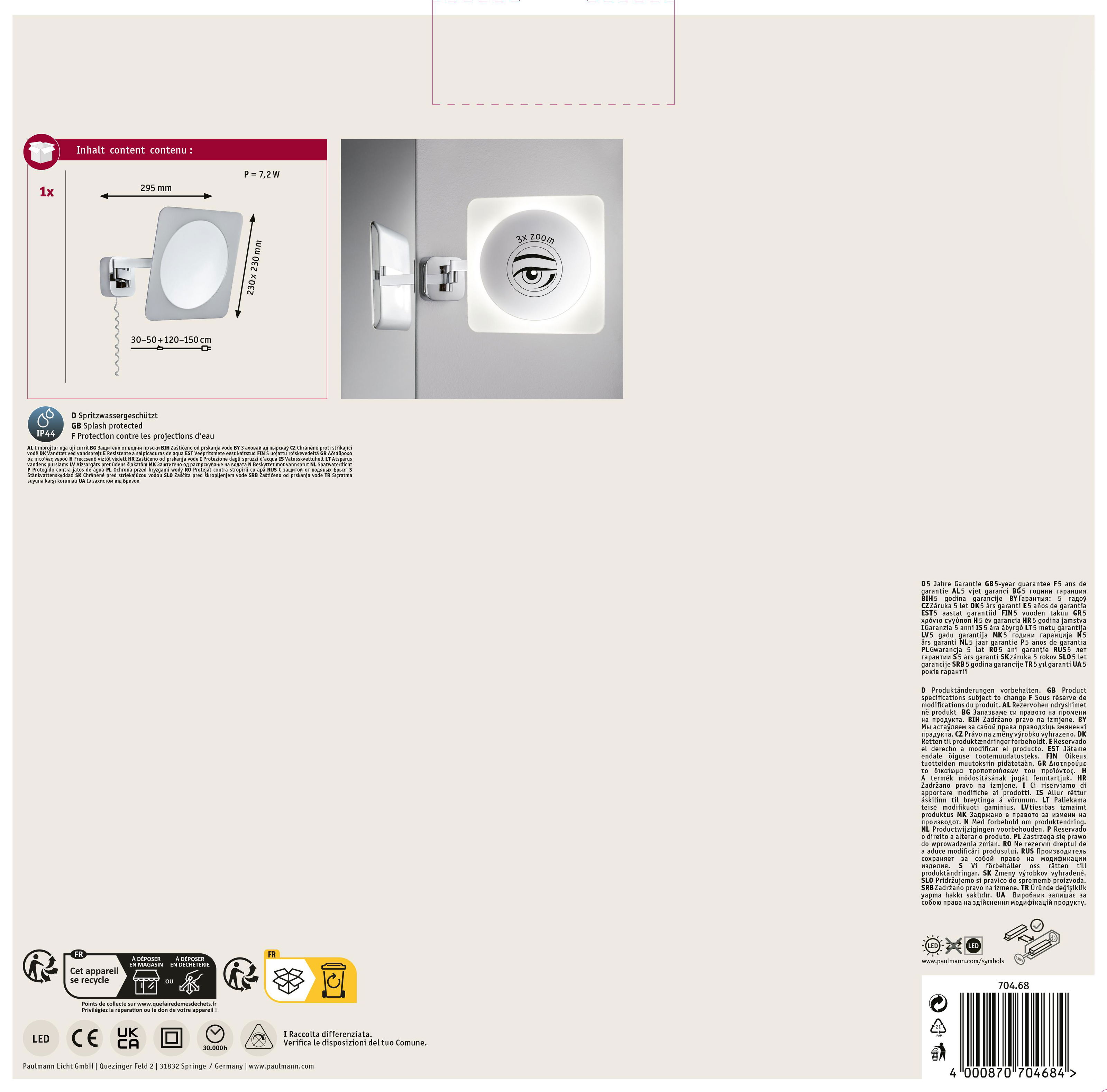 Biała oprawa oświetleniowa z lustrem i informacjami o produkcie na białym tle.