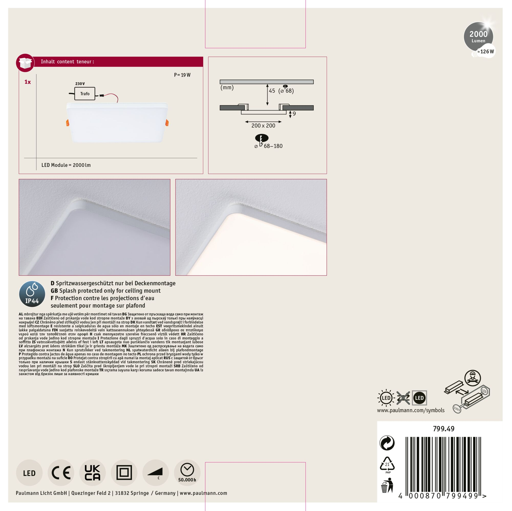 Schemat oprawy oświetleniowej sufitowej z wymiarami, transformatorem i różnymi symbolami.