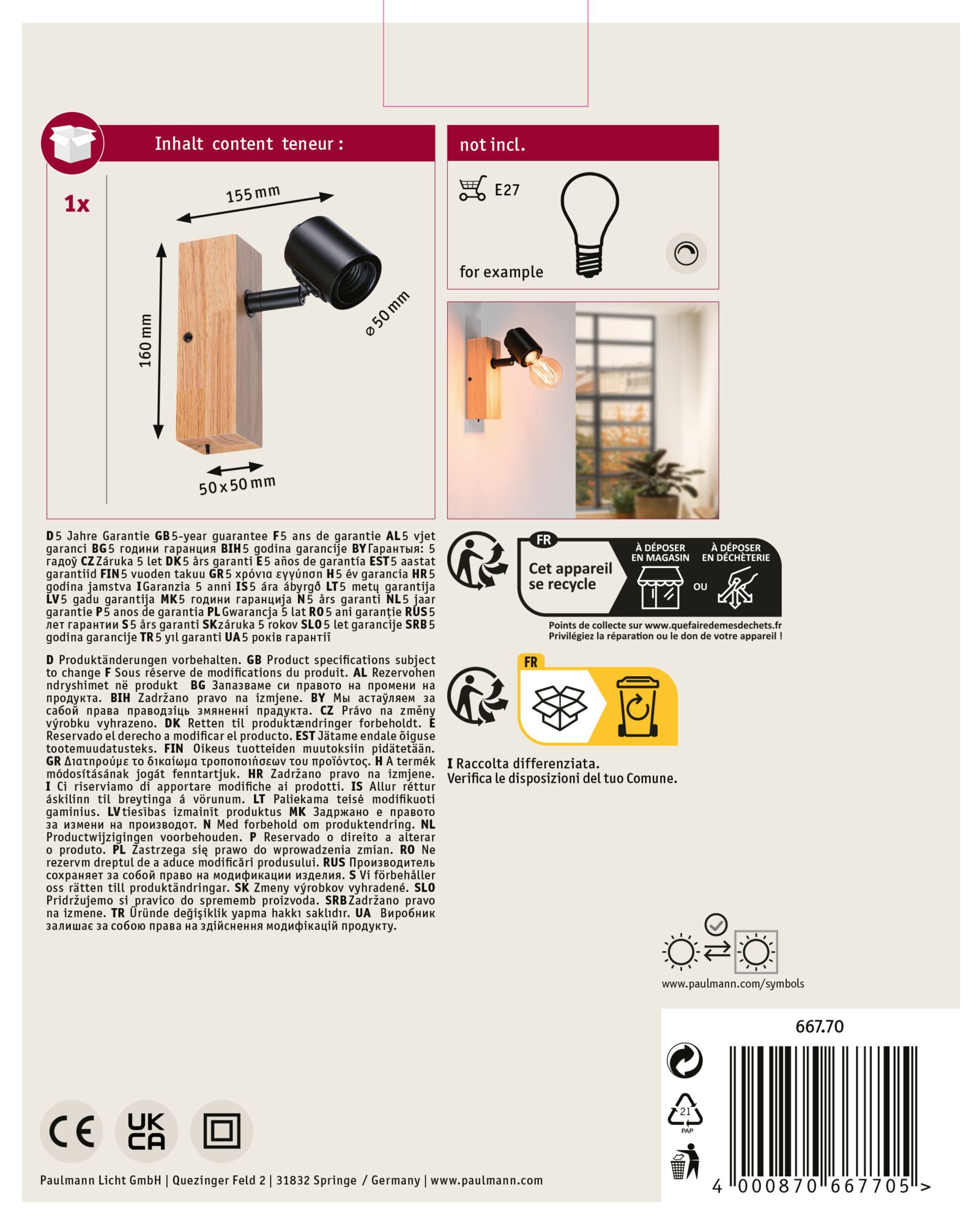 Drewniana lampa ścienna z czarną głowicą, wymiary i symbole recyklingu.