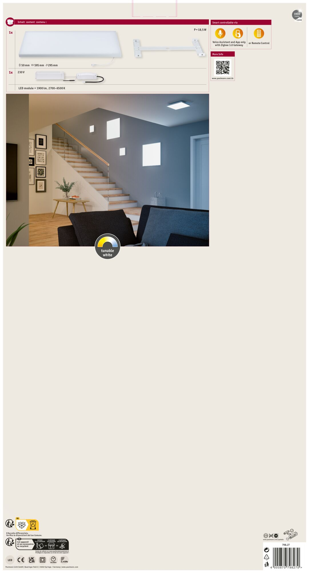 Nowoczesne wnętrze ze schodami i kwadratowymi światłami. W pokoju znajduje się sofa i mały stolik z rośliną.