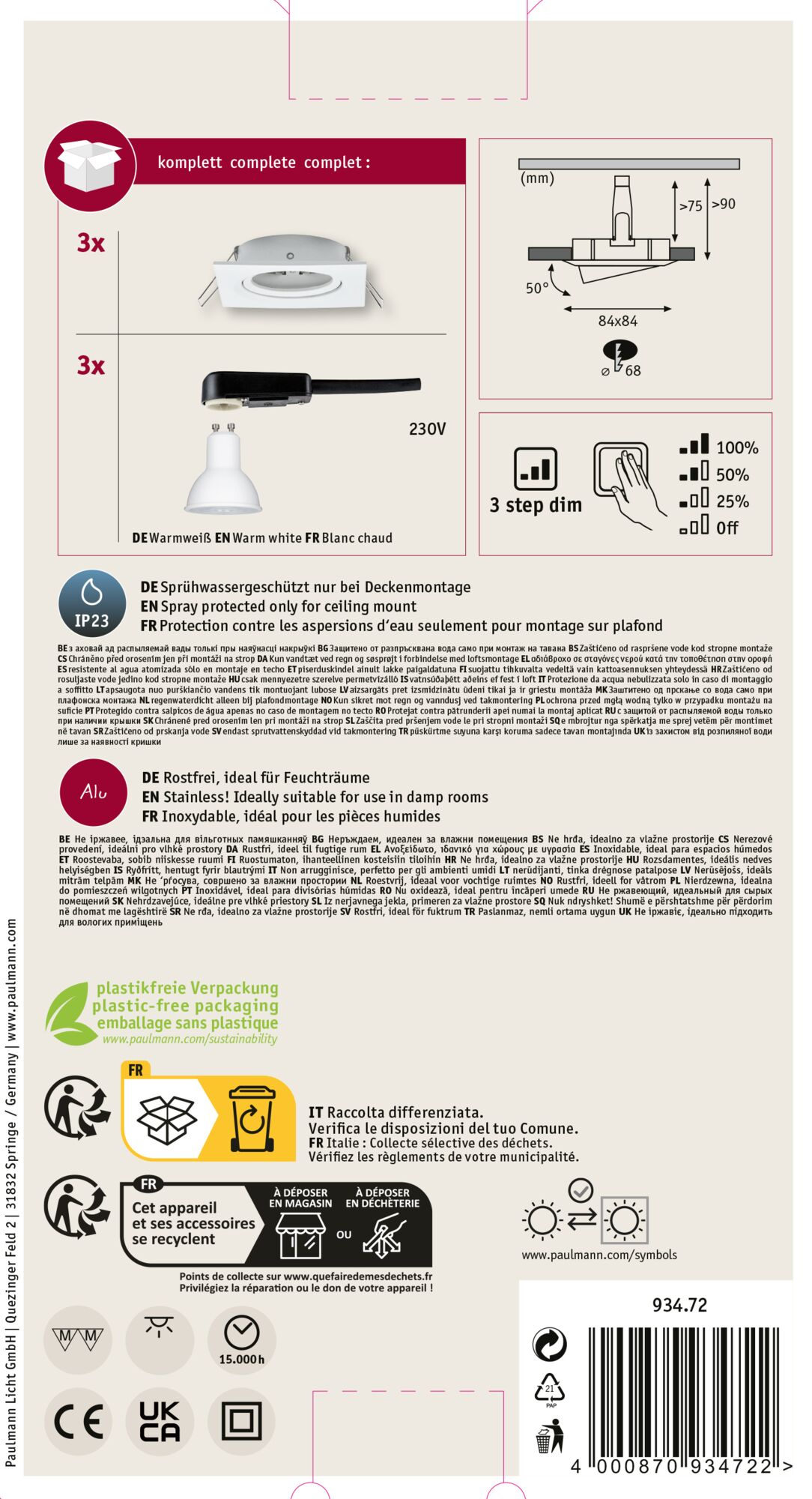 Produktverpackung mit Deckenleuchte, Glühbirnen und Recyclingsymbolen. Text auf Deutsch, Französisch und Italienisch.
