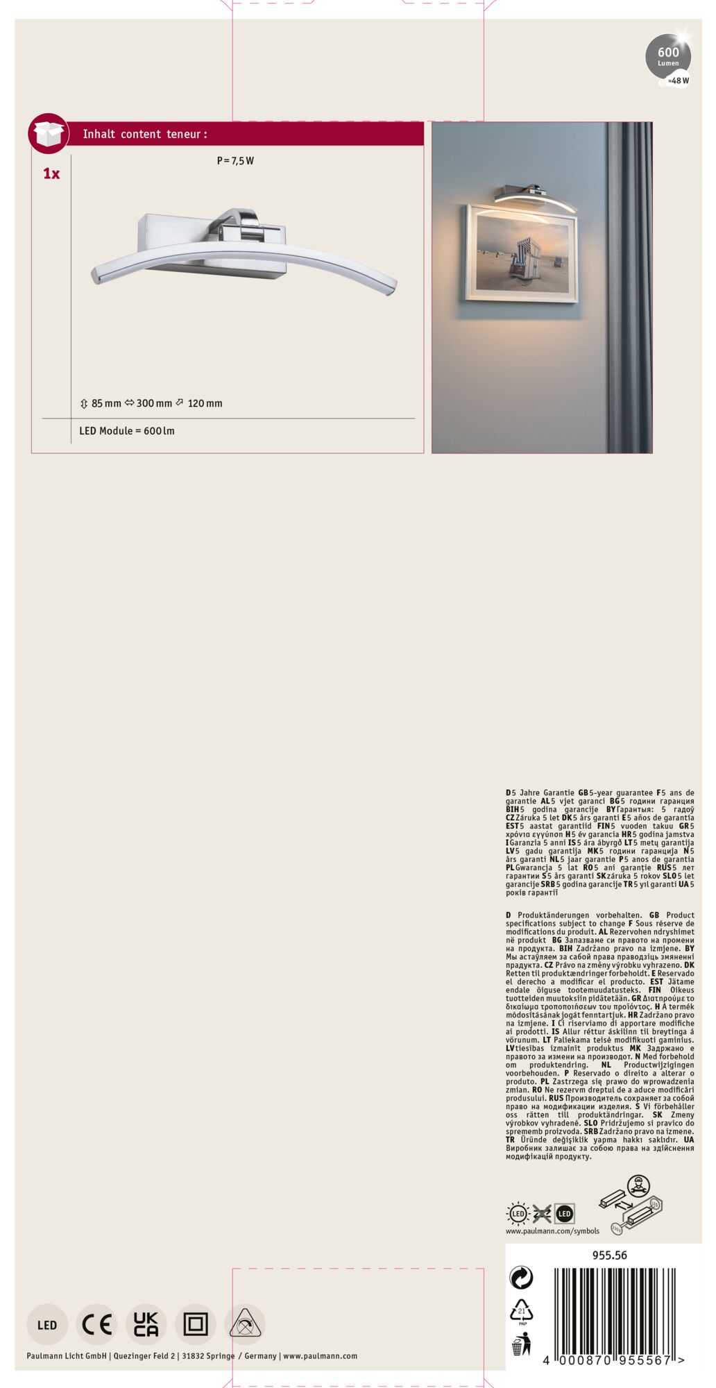 Biała lampa LED nad obrazem na szarej ścianie.