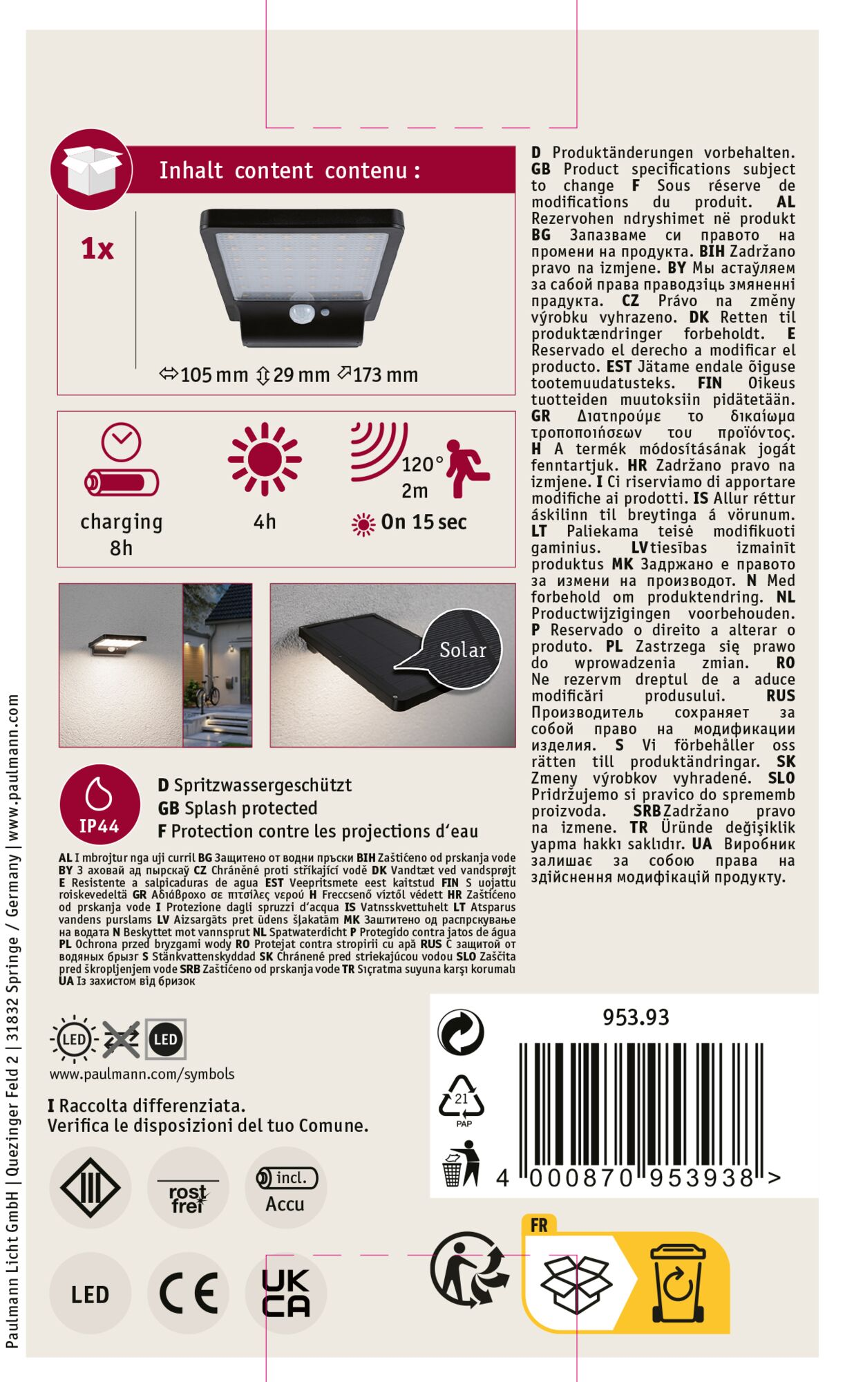 Lampa LED zasilana energią słoneczną z tekstem, symbolami i kodem kreskowym na białym tle.