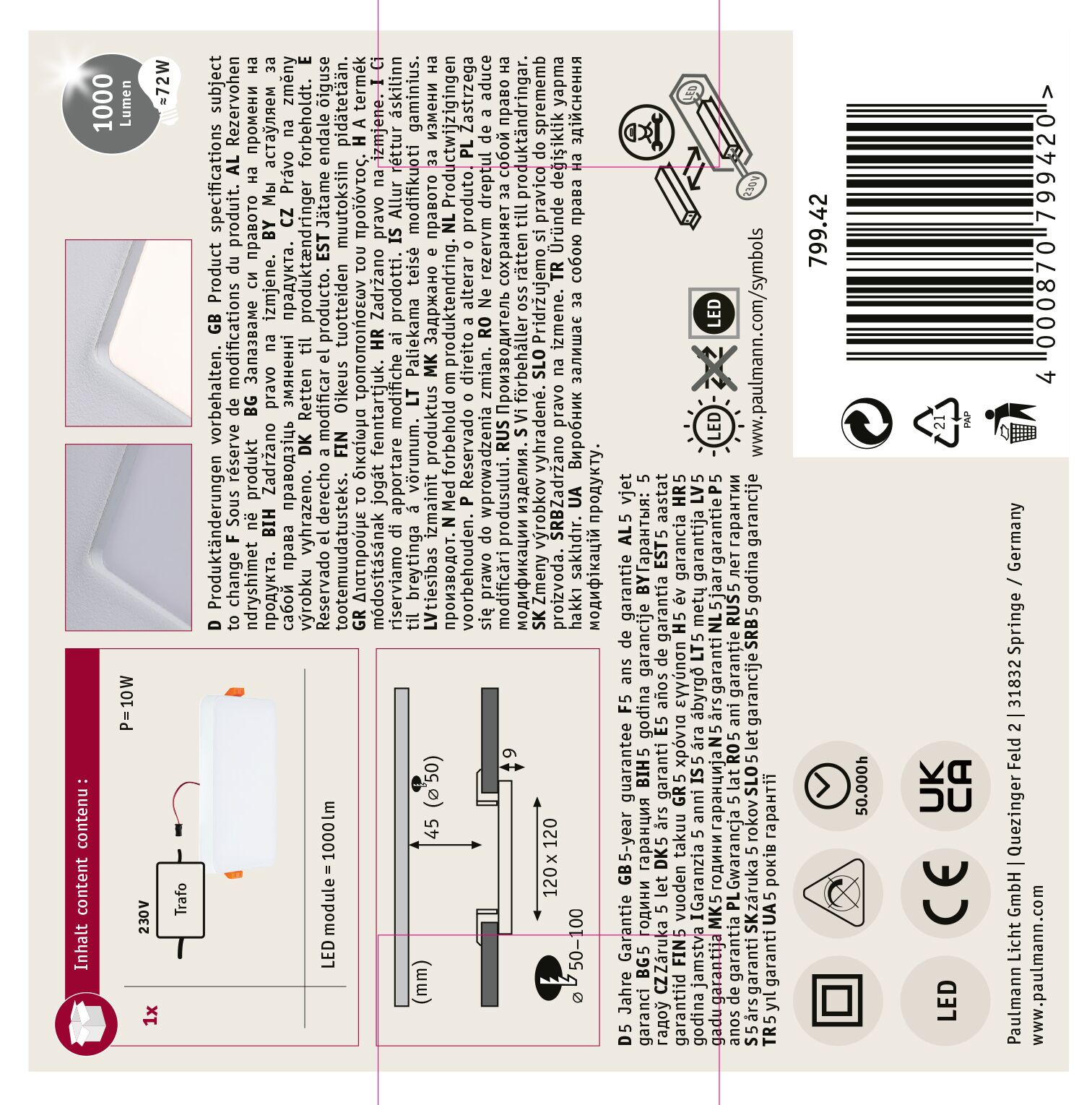 Etykieta produktu z tekstem, schematem i kodem kreskowym. Pokazuje światło LED.