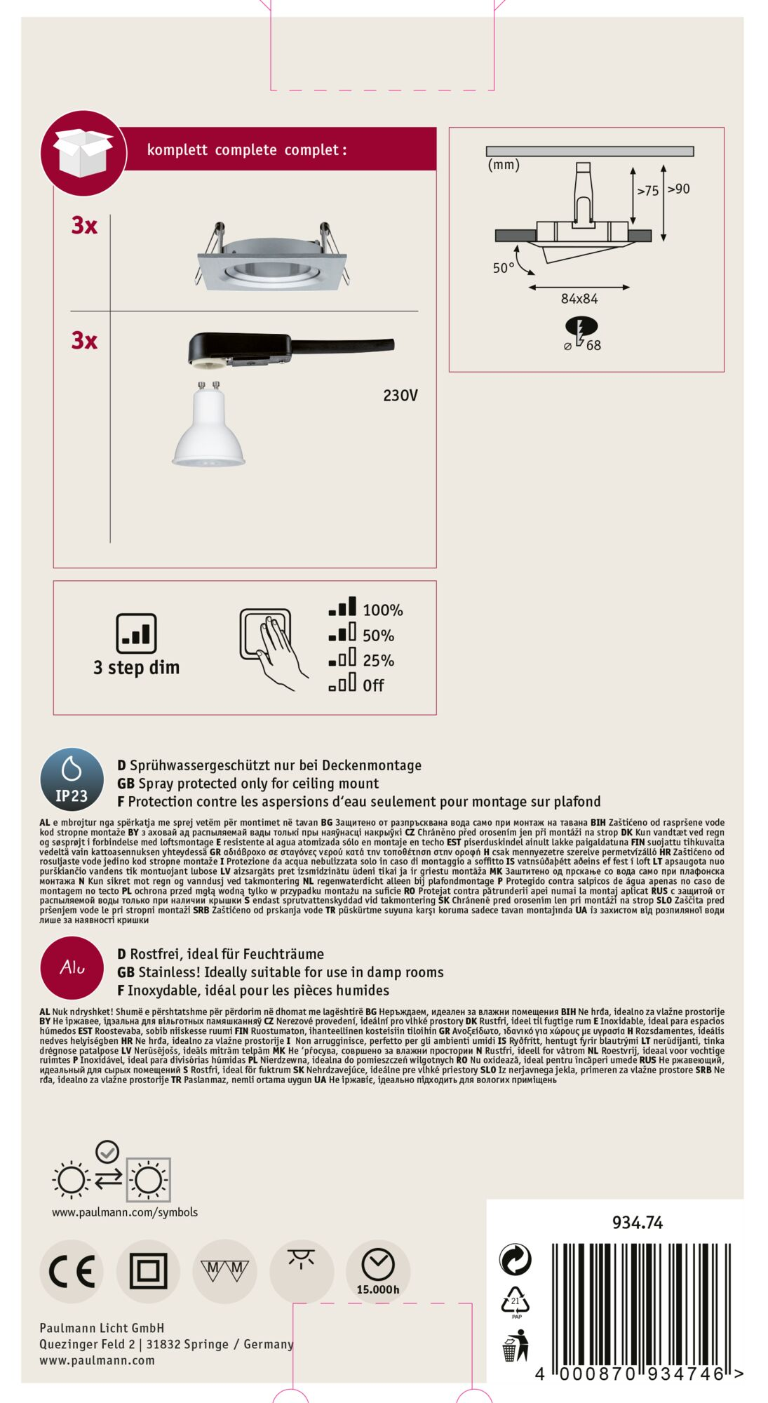 Produktverpackung mit Leuchten, Produktdetails und Abmessungen.