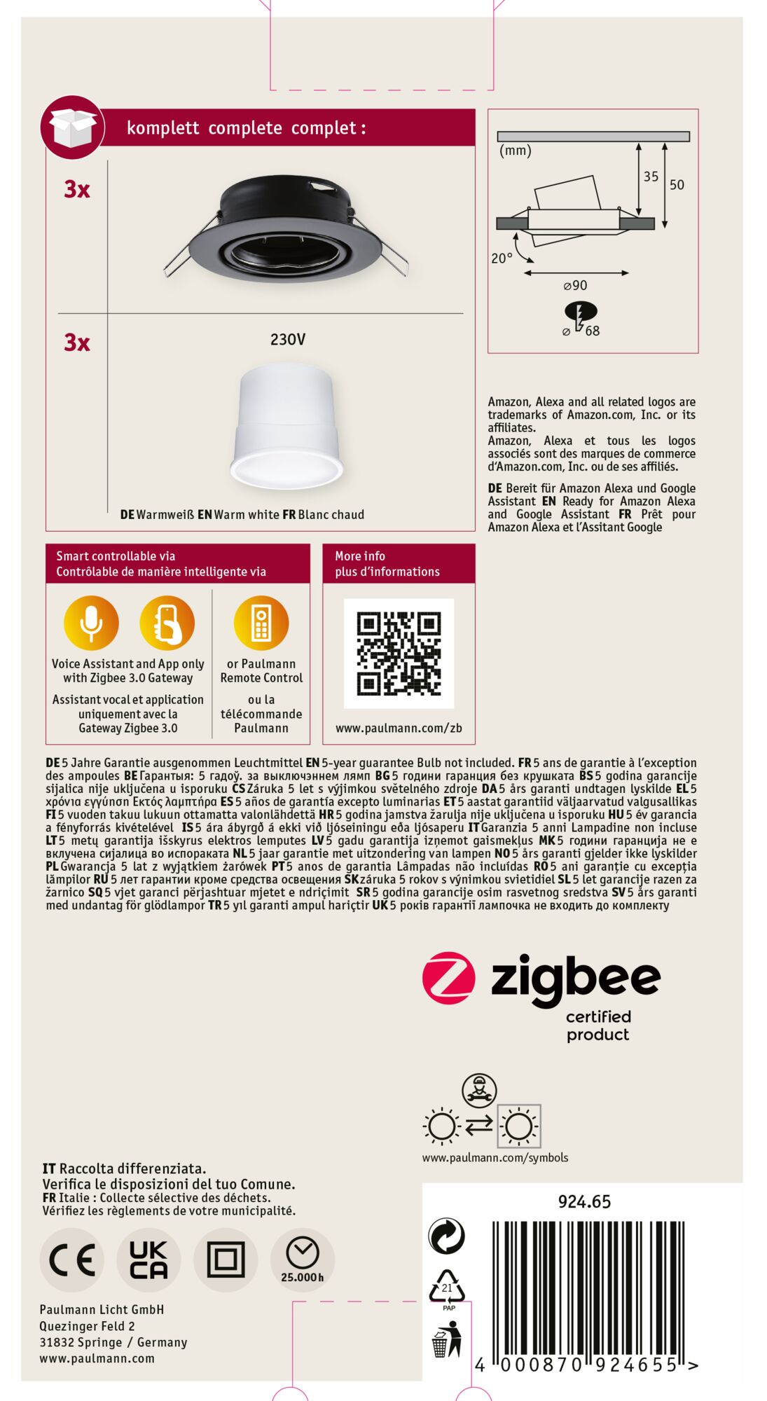 Opakowanie produktu z reflektorami, szczegółami technicznymi i informacjami o gwarancji. Zawiera logo i tekst.