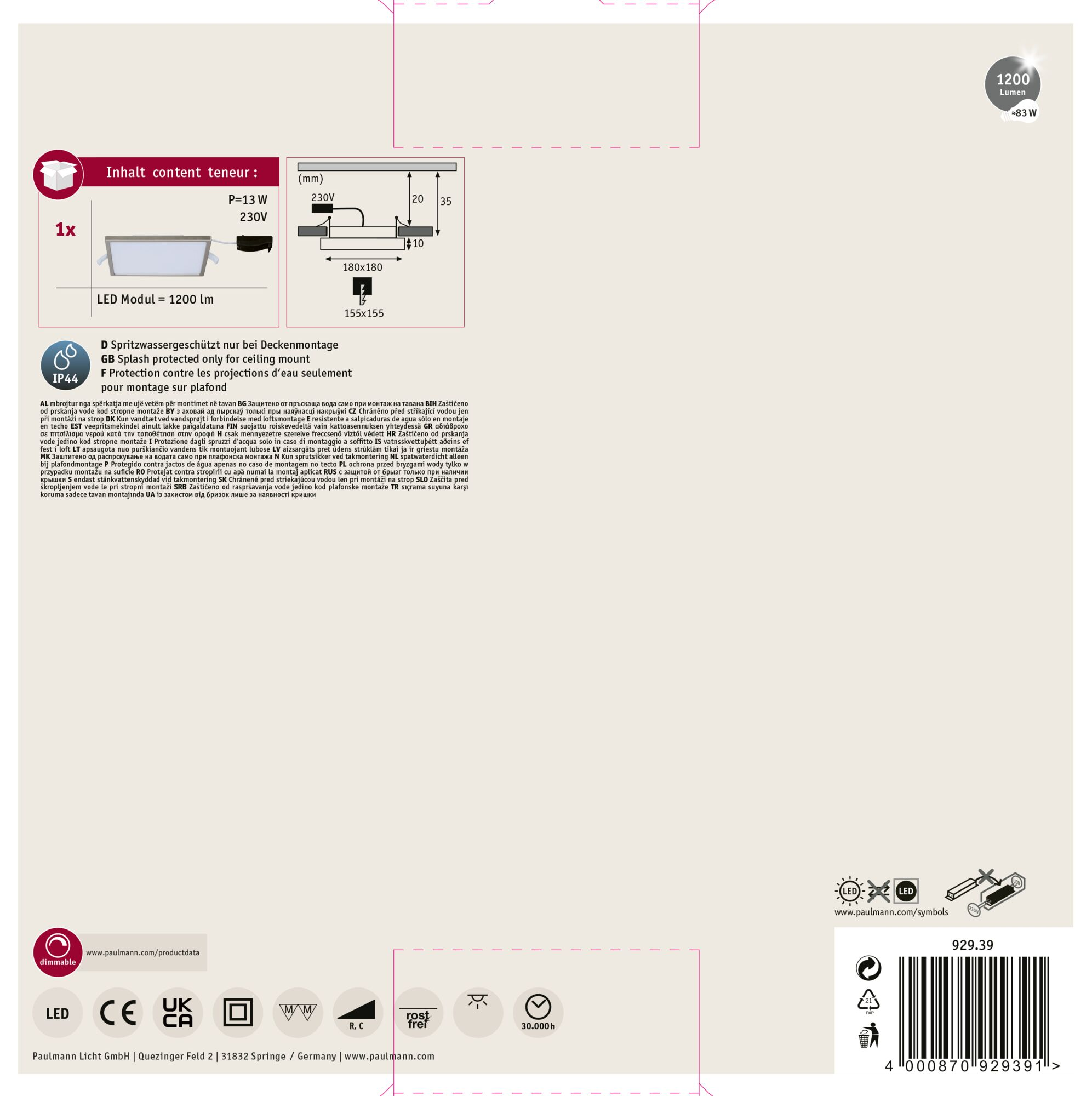Ein weißes Produktinformationsblatt mit Text und Symbolen, einschließlich Produktdetails und technischen Daten.