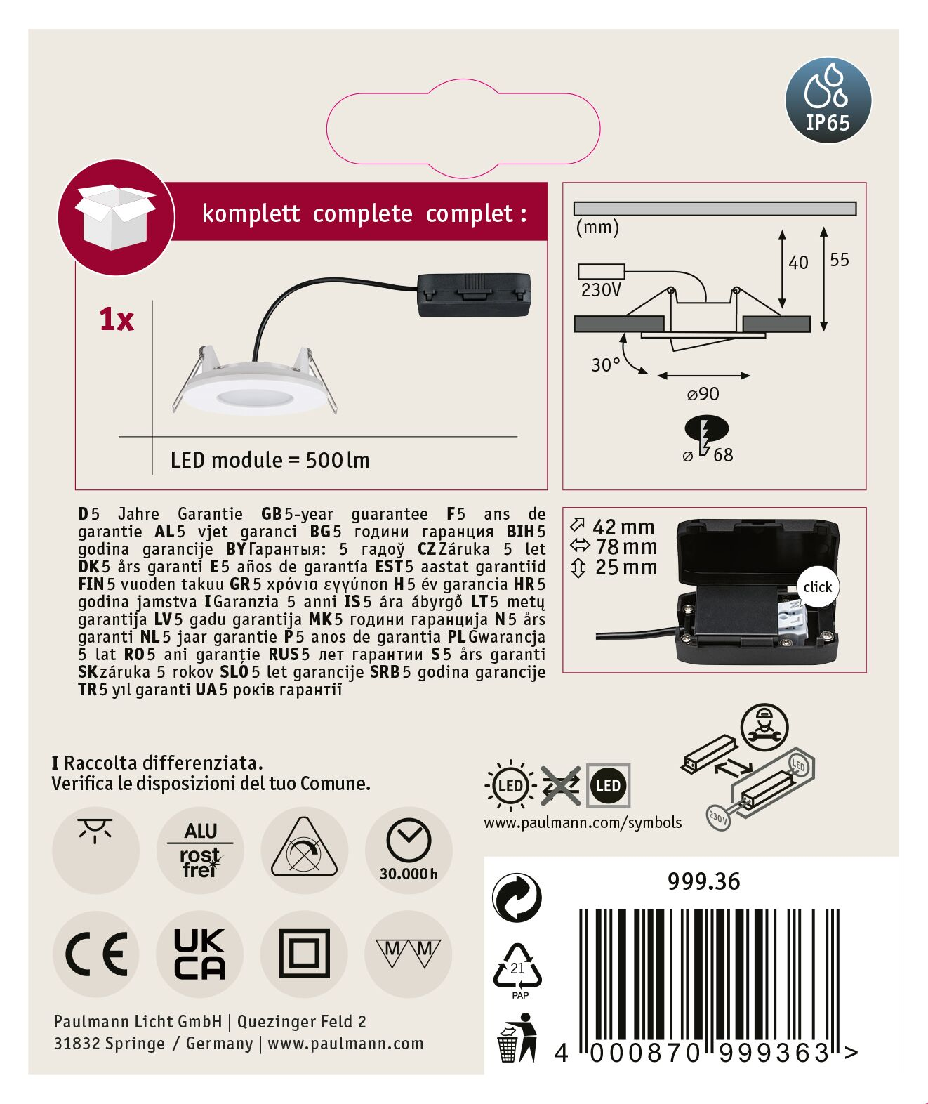 Eine Produktverpackung mit LED-Modul, technischen Diagrammen und Garantieinformationen. Die Verpackung ist weiß, rot und schwarz.