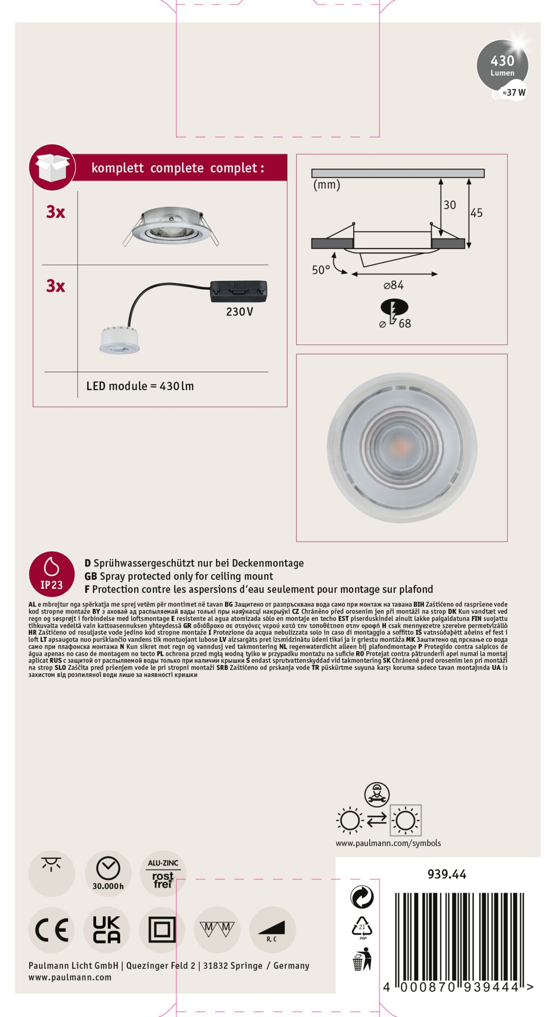 Confezione del prodotto con apparecchi di illuminazione, diagrammi e specifiche tecniche.