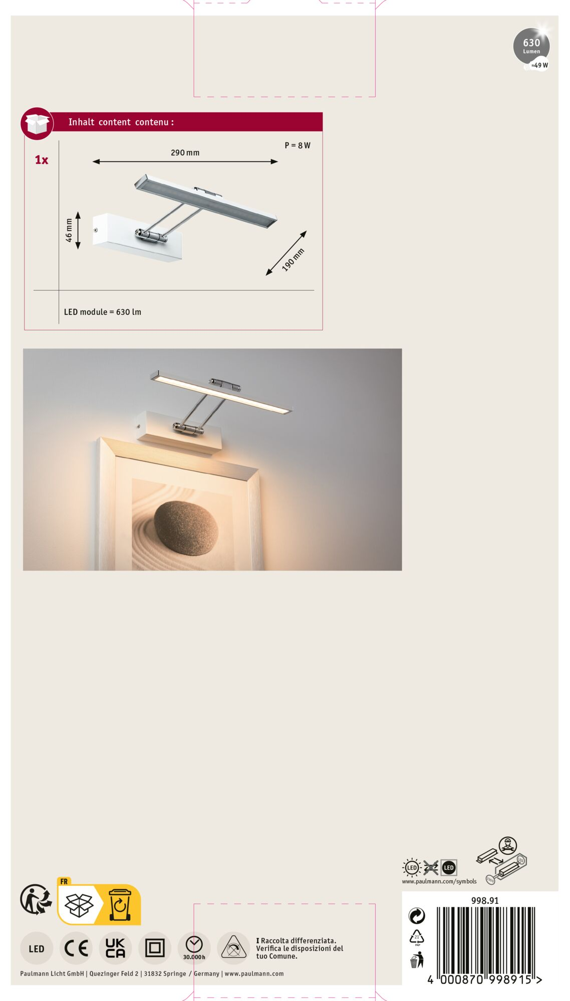 Lampa LED do obrazów jest zamontowana na ścianie nad oprawionym obrazem. Wymiary i szczegóły mocy są wyświetlane u góry.