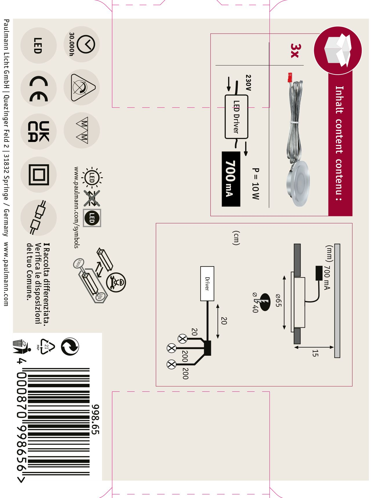 Verpackung mit LED-Leuchten-Diagramm, Abmessungen, elektrische Daten und Inhaltsdetails. Enthält Marken und Symbole.