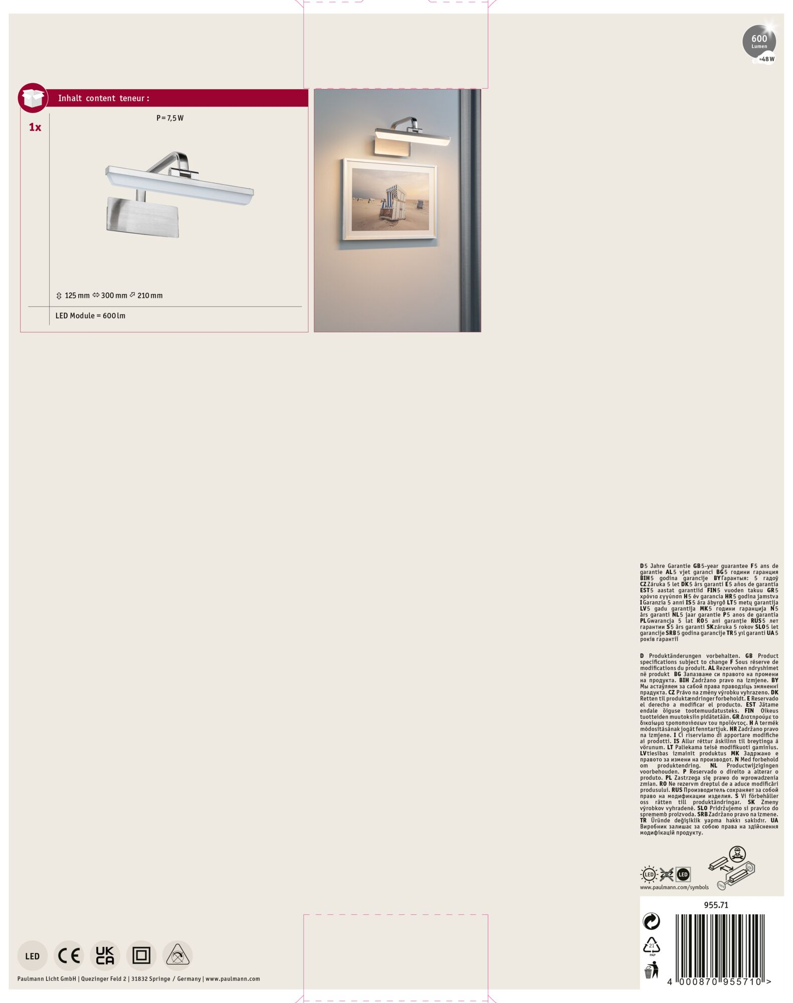 Biała lampa LED jest zamontowana na ścianie, z ramą obrazu poniżej. Tło jest kremowe.