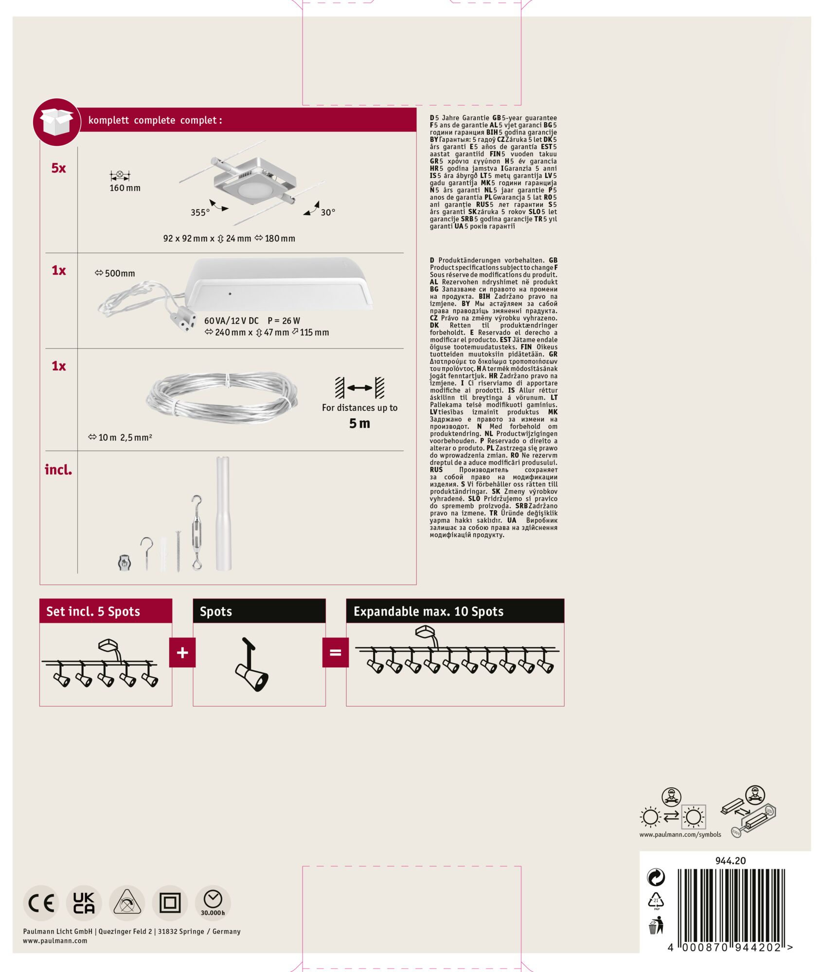 Confezione prodotto con apparecchi di illuminazione, diagrammi e descrizioni testuali. Contiene dati tecnici.