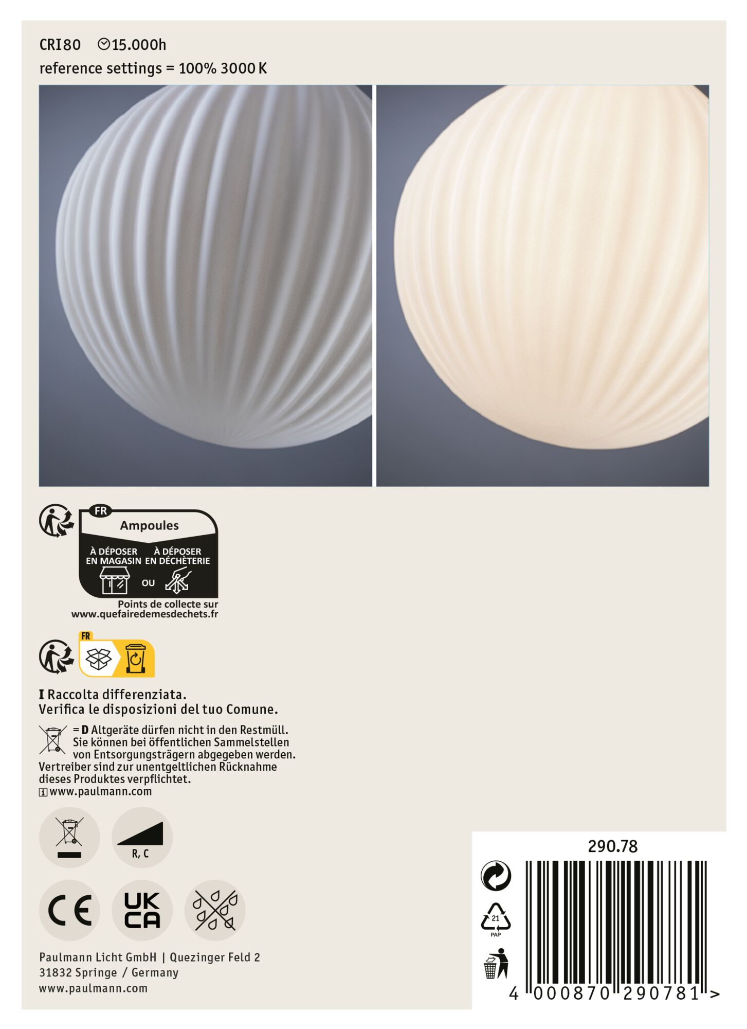 Dwie dekoracyjne lampy z żebrowanymi powierzchniami na jasnym tle. Jest też tekst i kod kreskowy.