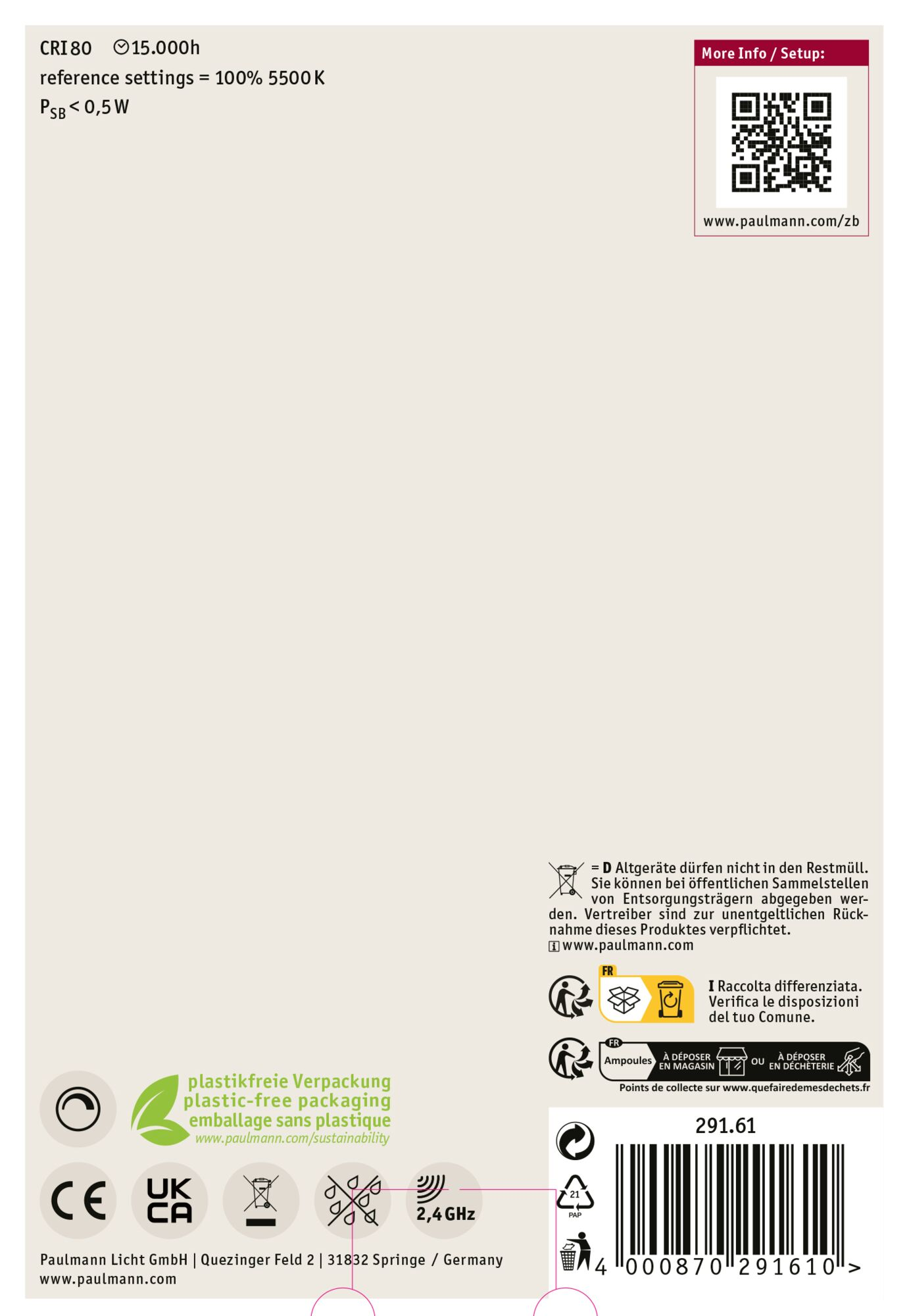 Verpackung mit Recycling-Symbolen, Produktinfos und QR-Code. Text in verschiedenen Sprachen.