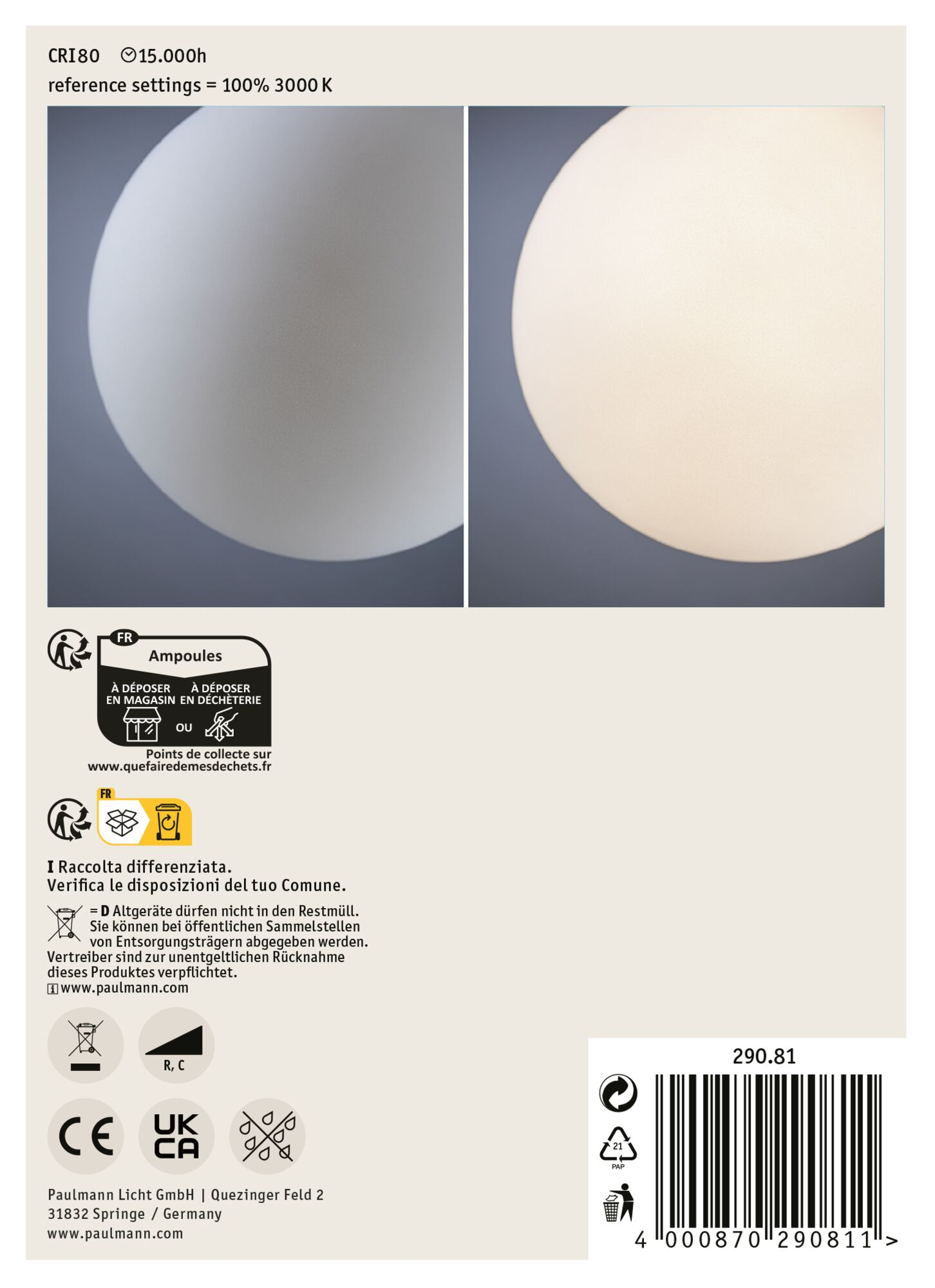 Etykieta produktu z tekstem, kodem kreskowym i symbolami recyklingu. Zawiera informacje o utylizacji i dane producenta.