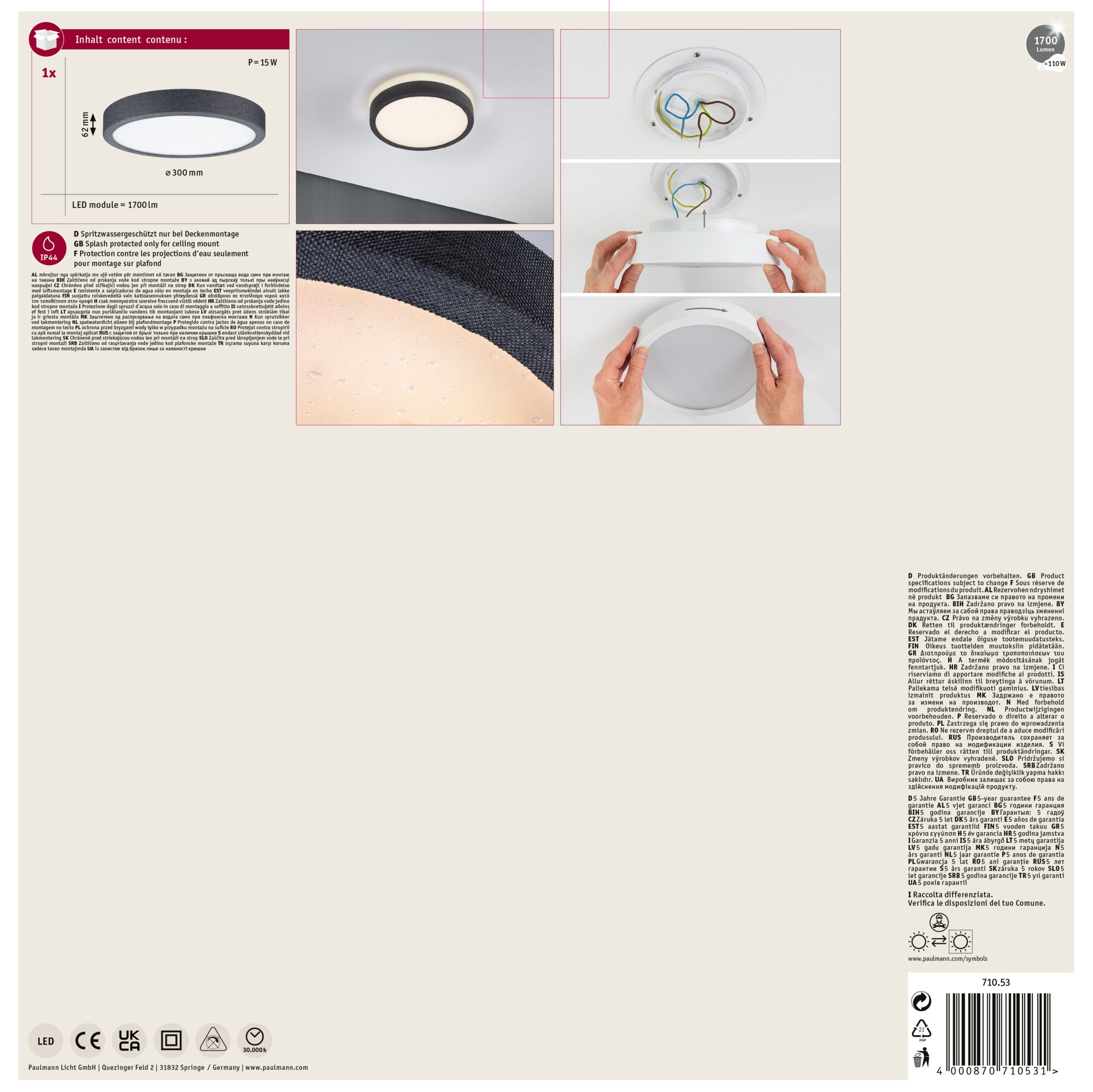 Okrągła oprawa sufitowa, biała rama, szary środek i kroki instalacji.