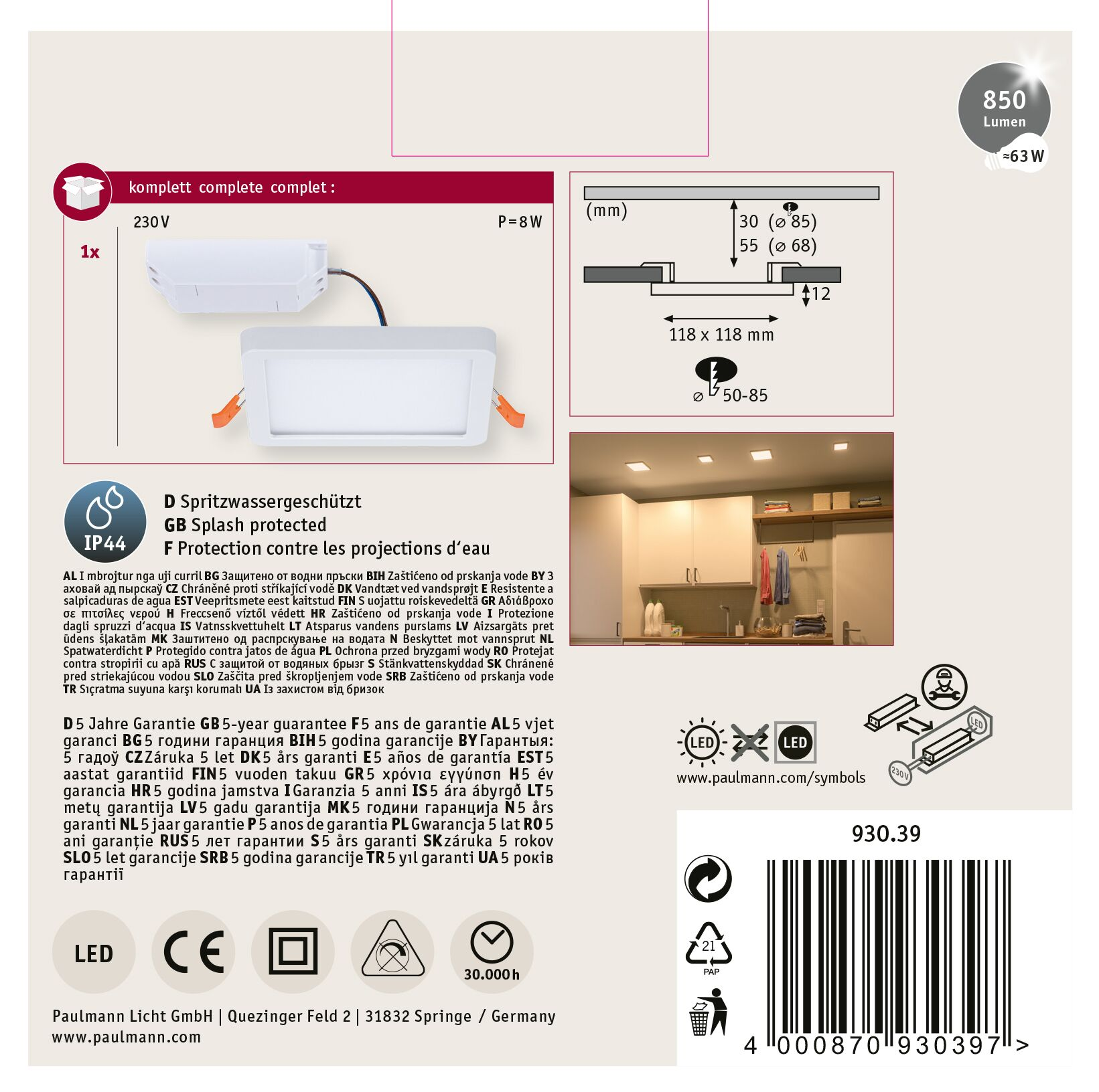 Weiße LED-Deckenleuchte, Produktdetails und Spezifikationen auf weißem Hintergrund.
