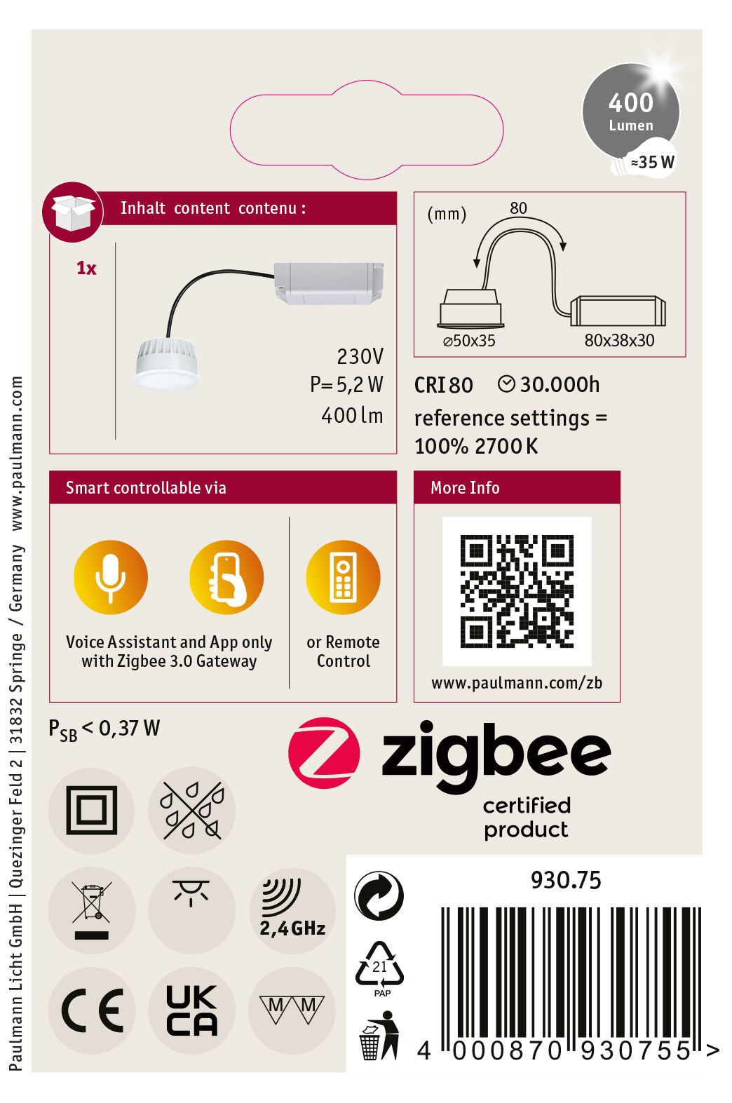 Confezione prodotto con lampada, dettagli tecnici e logo Zigbee. Include voltaggio, wattaggio e lumen.
