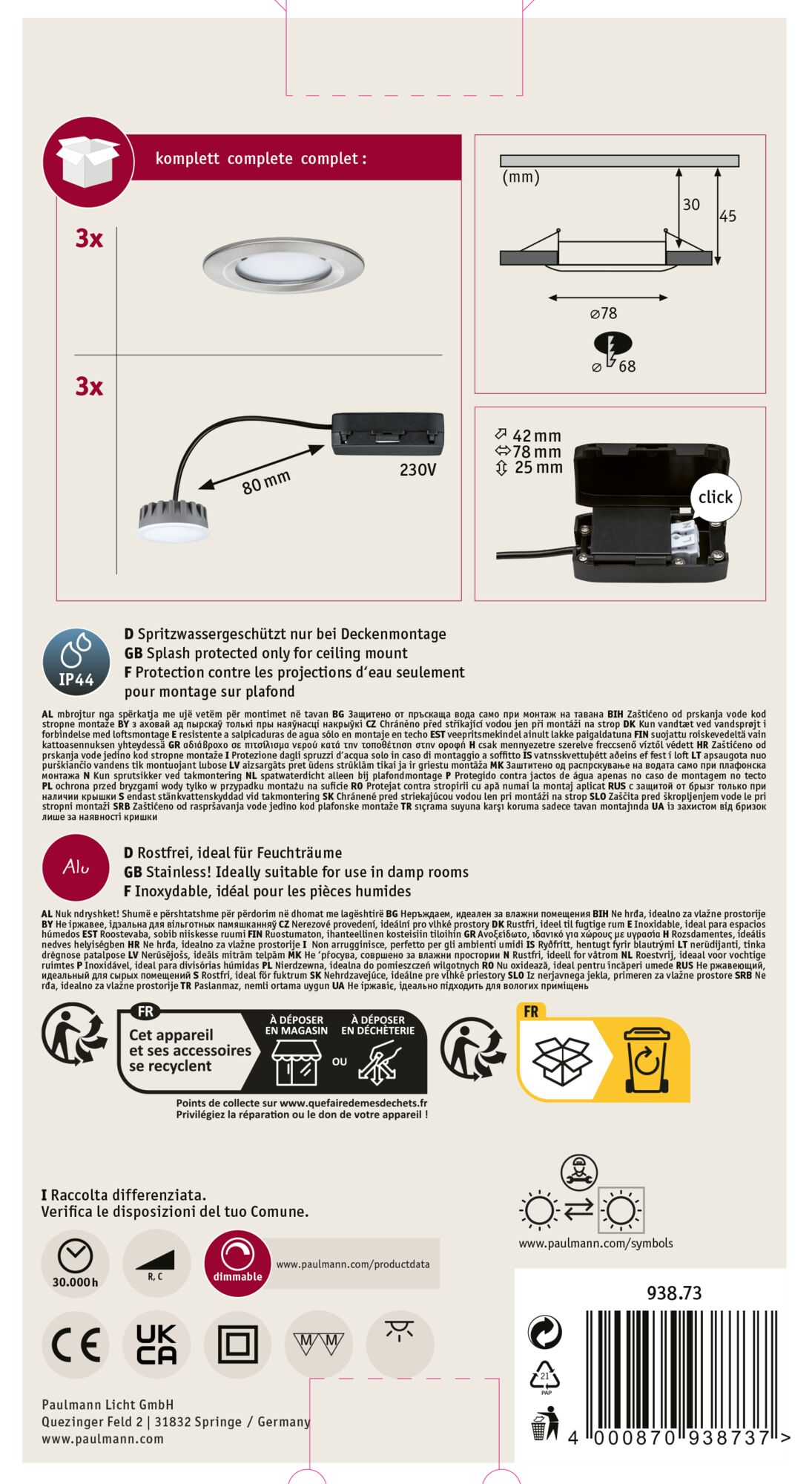 Eine weiße Deckenleuchte mit Abmessungen, Verpackung und Recycling-Symbolen wird angezeigt.