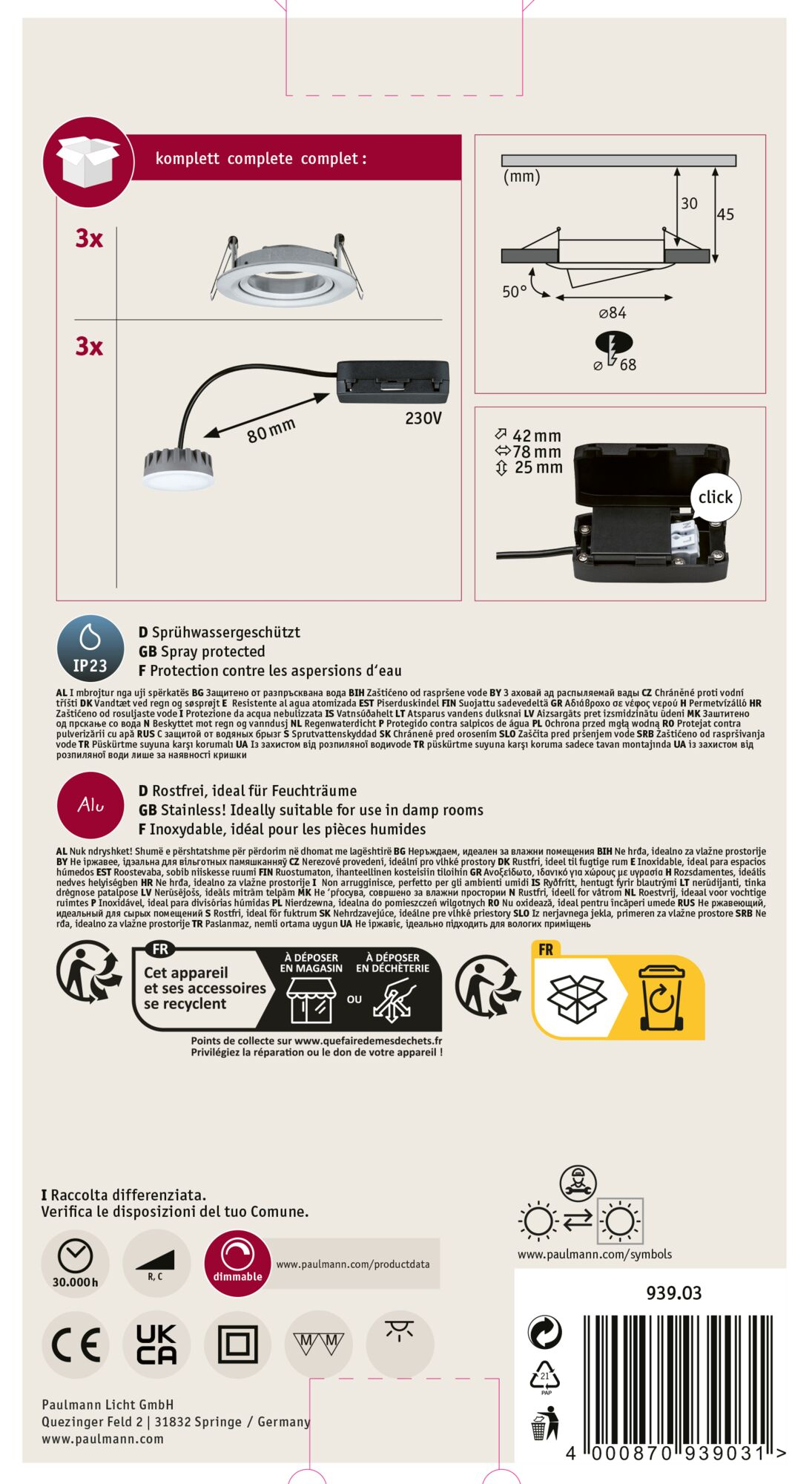 Produktinformationsetikett mit Text und Diagrammen zu Deckenleuchten. Es hat Recyclingsymbole.