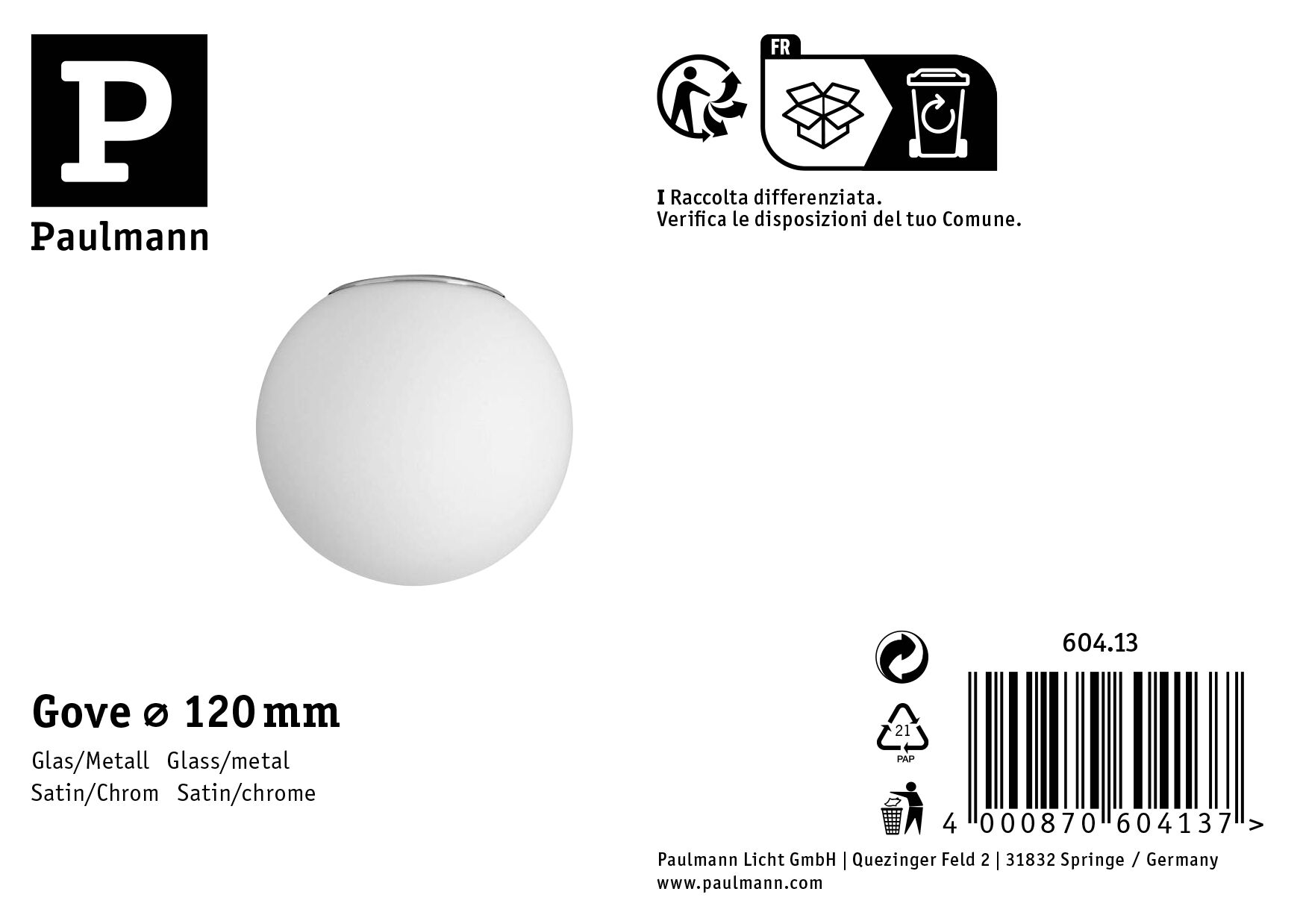 Eine weiße Kugelleuchte mit Silberring ist zentriert. Das Paulmann-Logo, Recycling-Symbole und Produktdetails sind sichtbar.