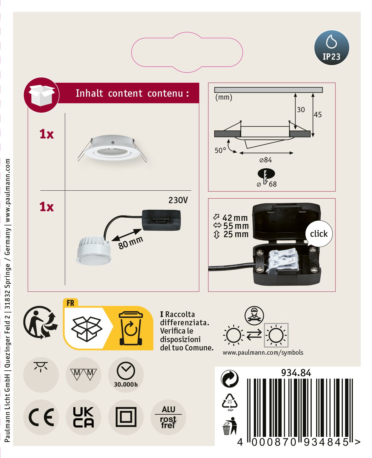 Diagramm mit Leuchten, Abmessungen und elektrischen Komponenten. Enthält Symbole für Recycling und Produktinformationen.
