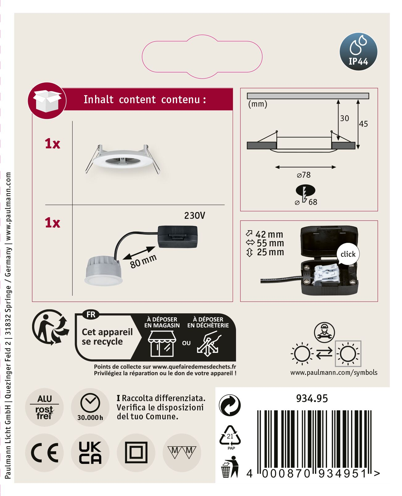 Produktverpackung mit Leuchten-Diagramm, Abmessungen, Recycling-Infos und Barcode. Der Artikel ist IP44-zertifiziert.