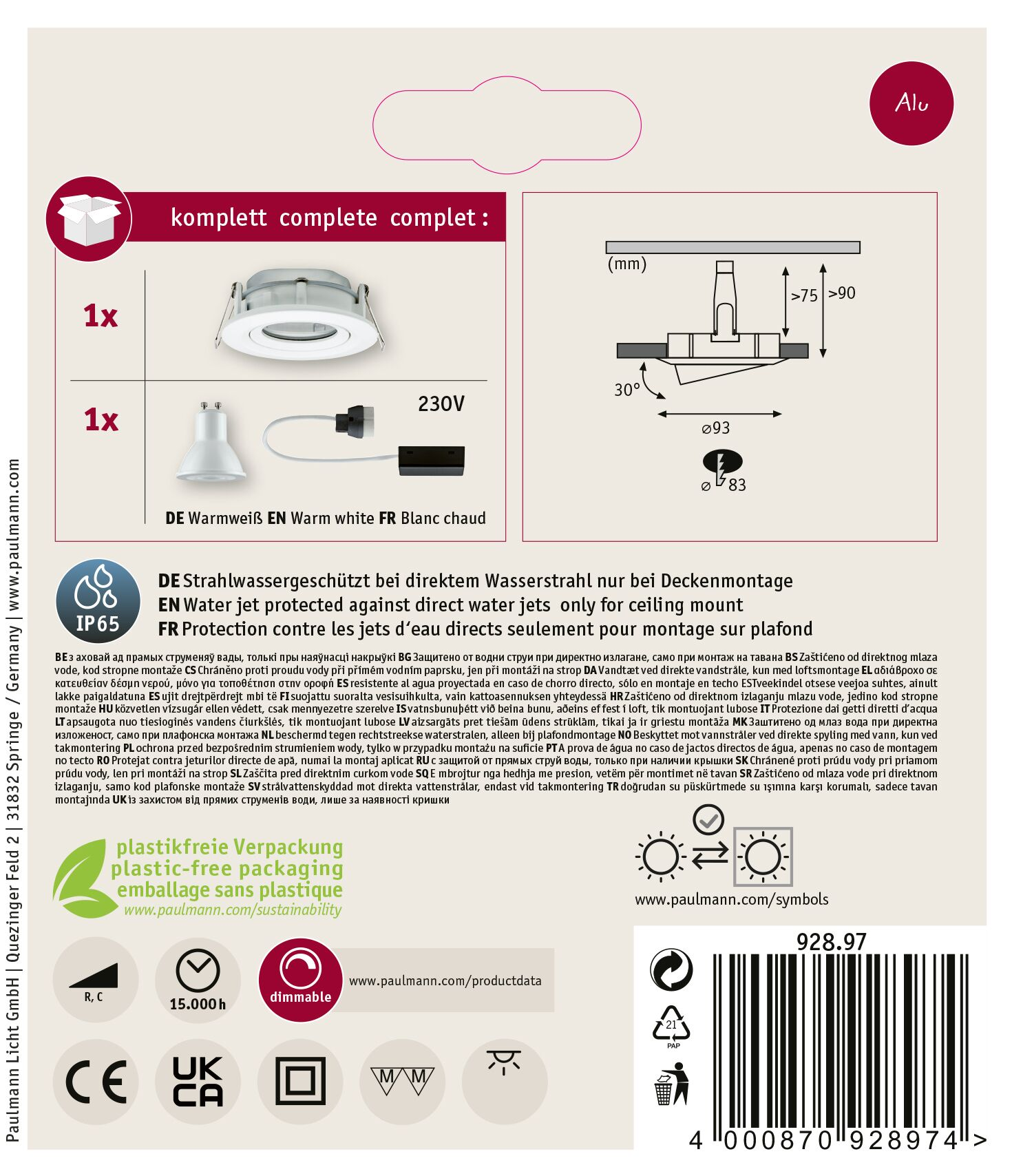Das Bild zeigt eine Produktverpackung mit einem Scheinwerfer, technischen Zeichnungen und Textbeschreibungen.