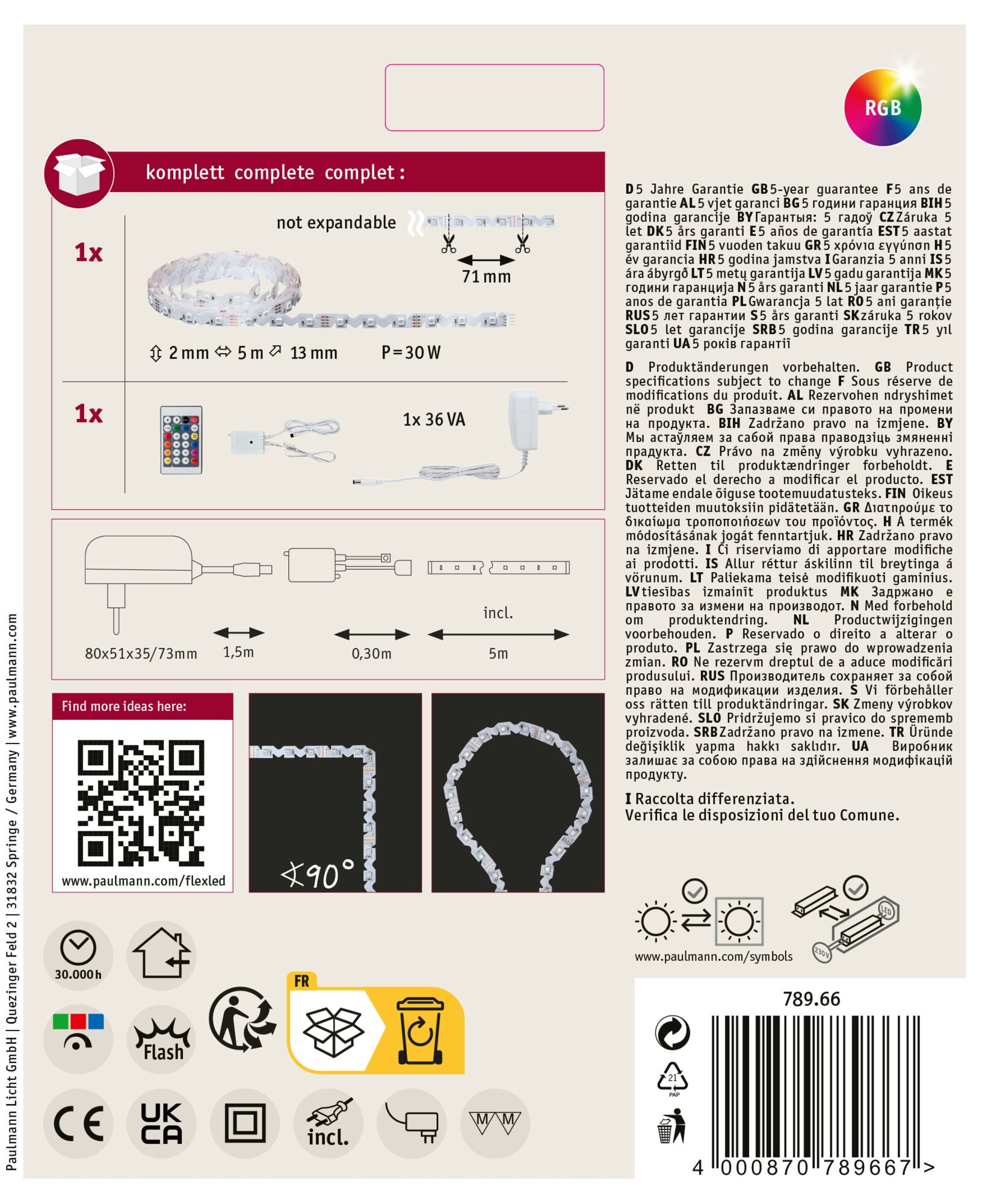 Pudełko produktu z taśmą LED, zasilaczem, pilotem i symbolami.