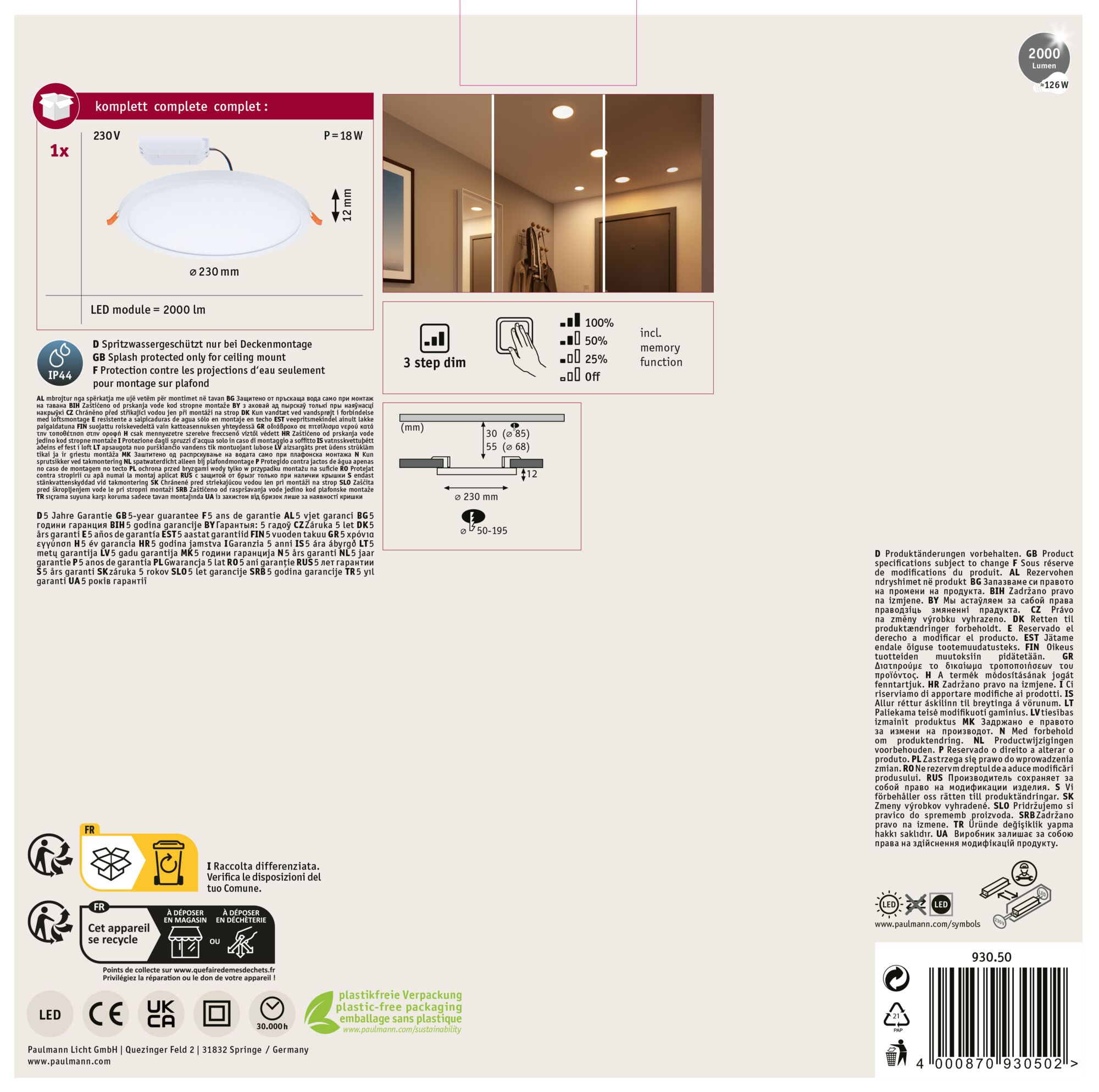 Biała, okrągła lampa sufitowa LED. Ma 18W i średnicę 230mm.