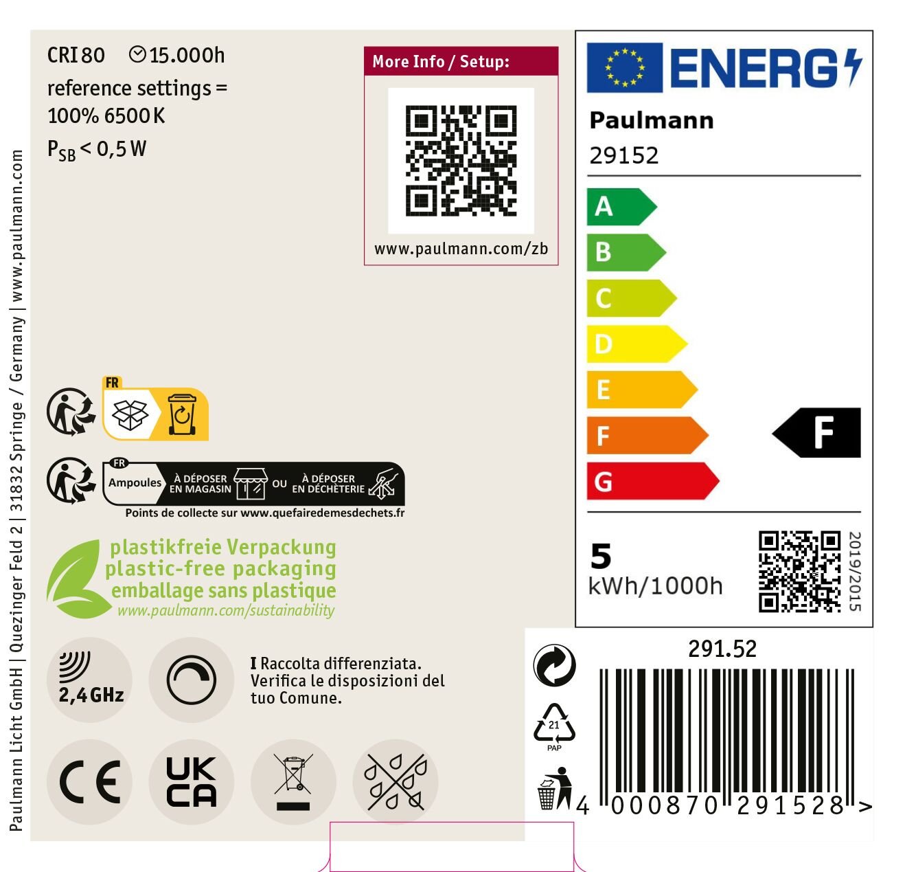 Energielabel mit Paulmann-Logo, Energieeffizienzklasse F und Informationen zu Wattzahl und Recyclinghinweisen.