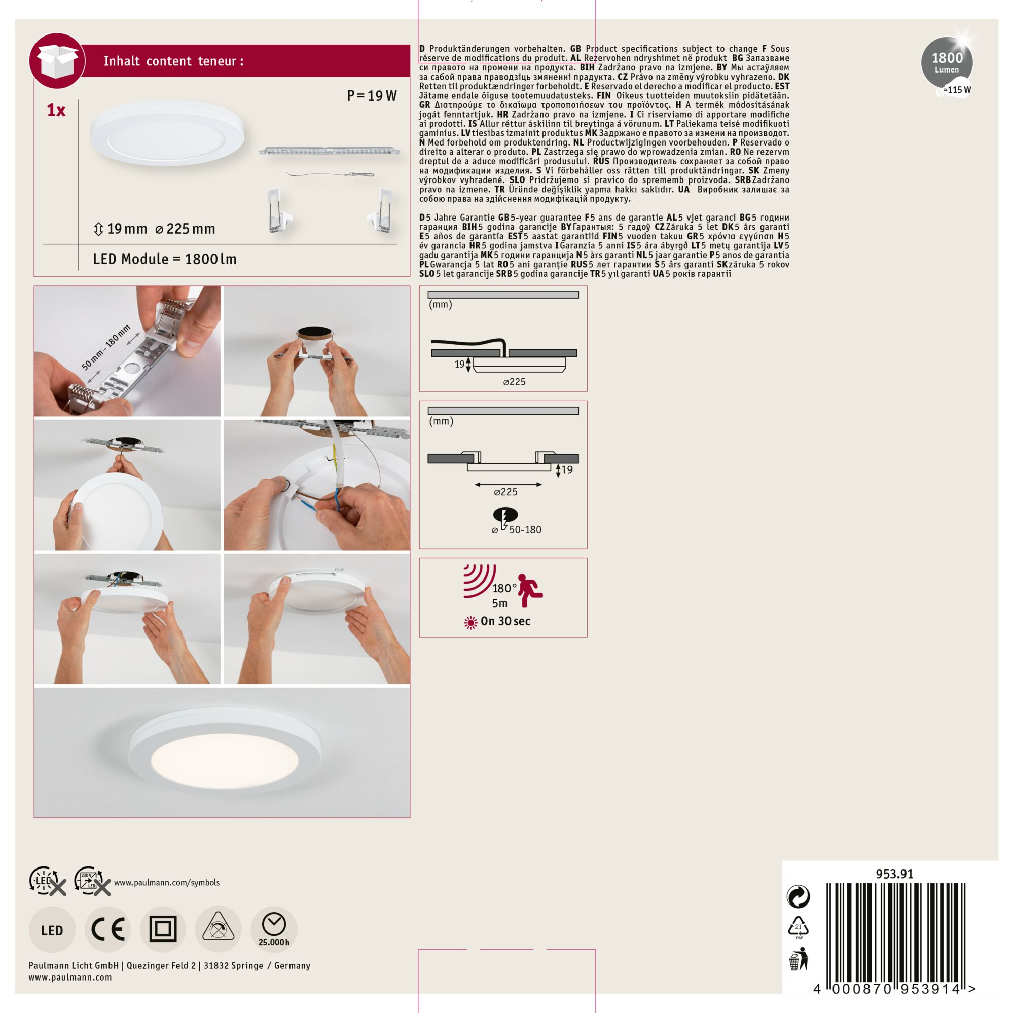 Biała okrągła lampa sufitowa LED, z elementami instalacji, specyfikacjami i szczegółami gwarancji.