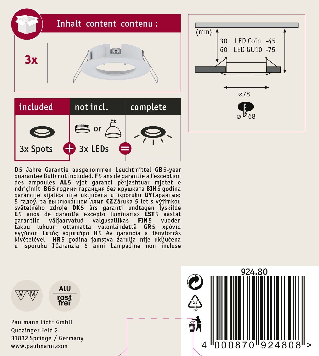 Confezione del prodotto con dettagli, tra cui diagramma, testo e codice a barre con il numero 924.80.